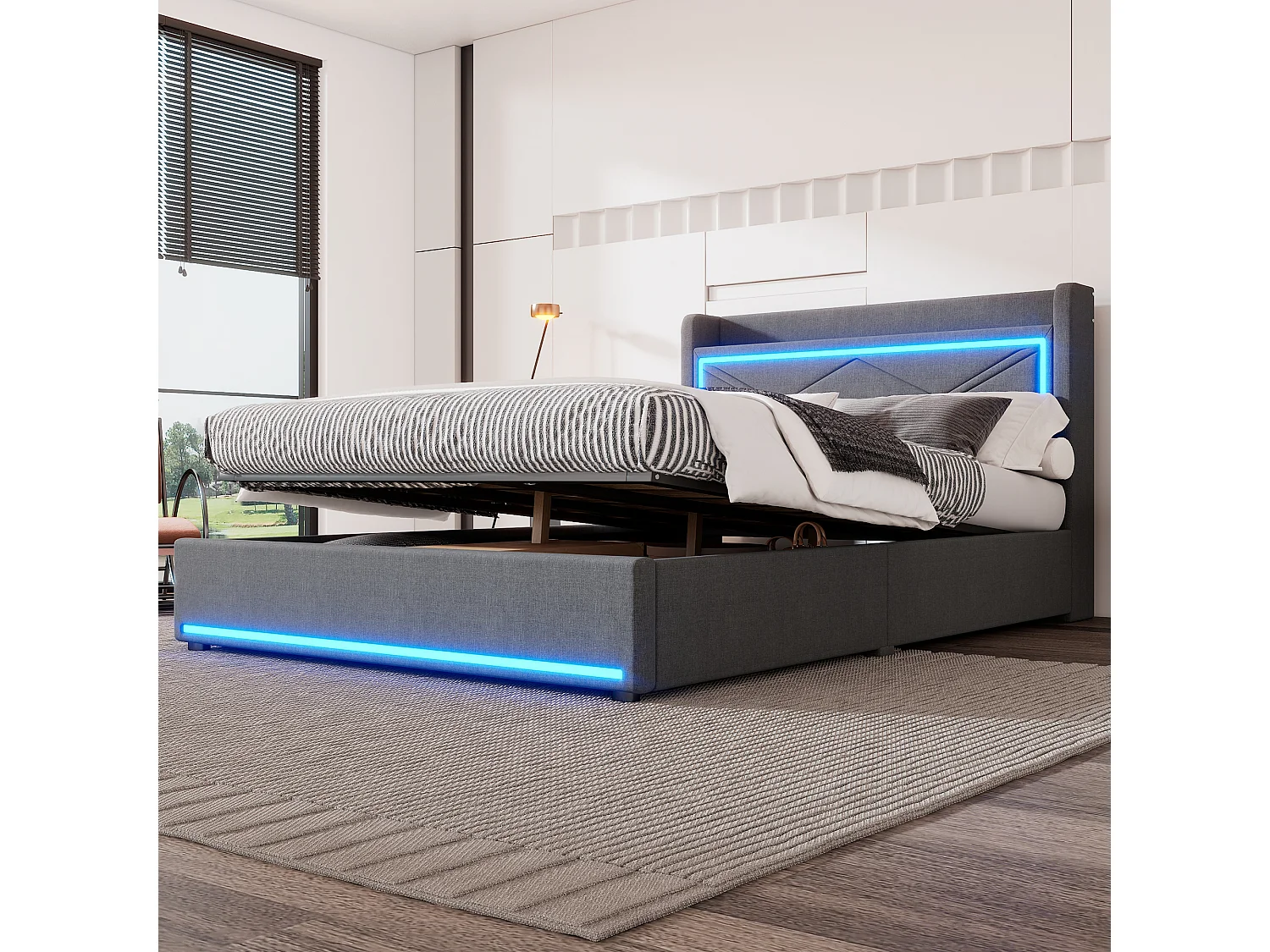 Cama estofada com arrumação e LED, estrado de ripas e cabeceira com porta USB, linho, cinzento 140x200cm