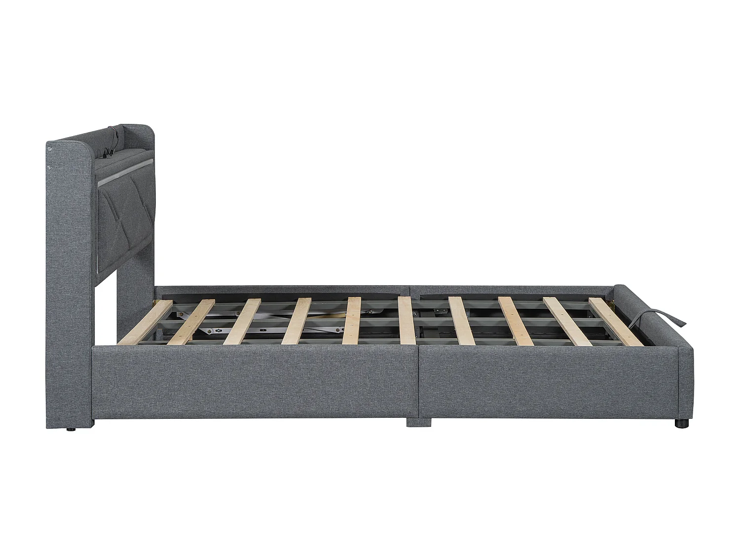 Cama estofada com arrumação e LED, estrado de ripas e cabeceira com porta USB, linho, cinzento 140x200cm
