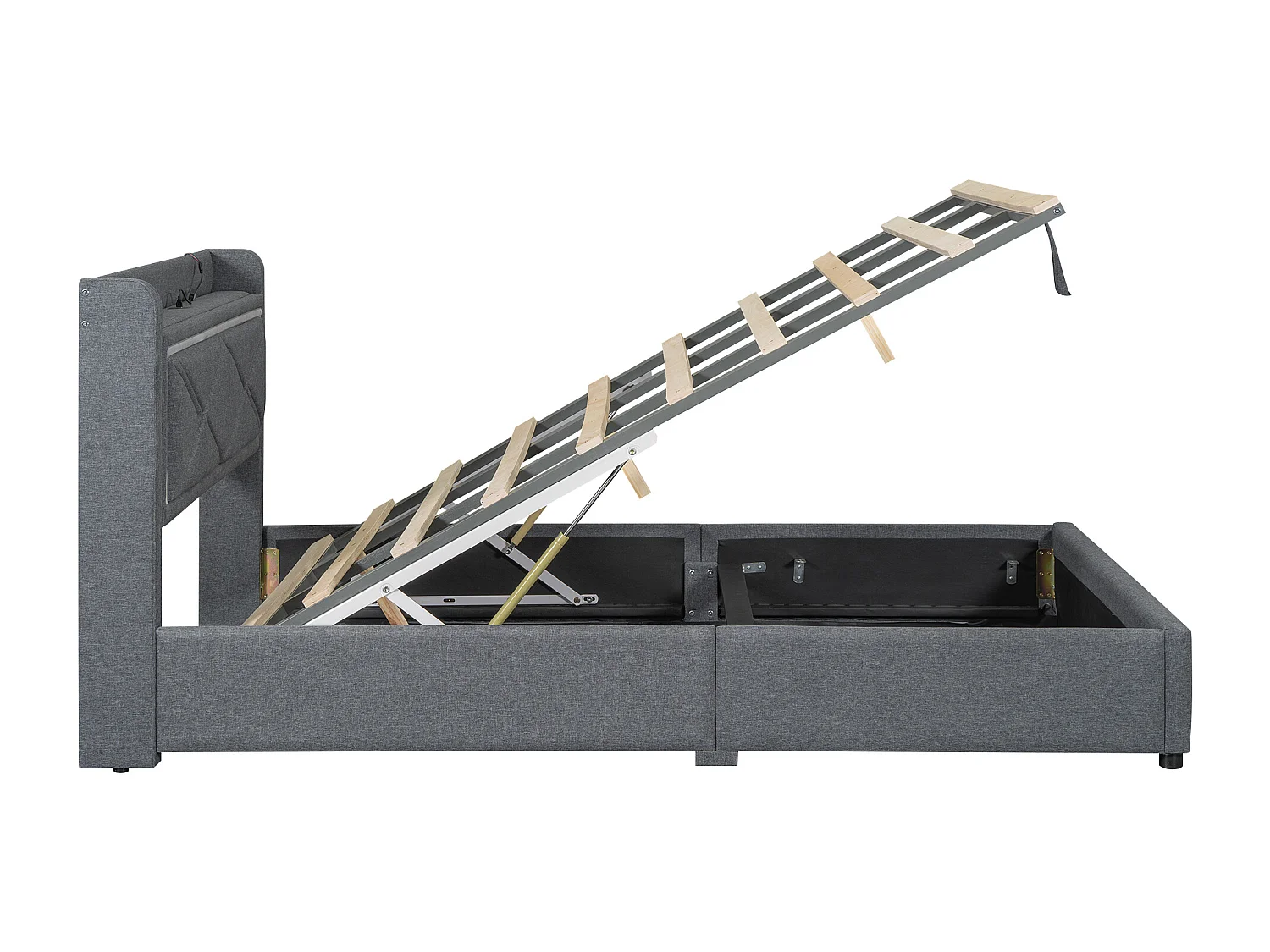 Cama estofada com arrumação e LED, estrado de ripas e cabeceira com porta USB, linho, cinzento 140x200cm
