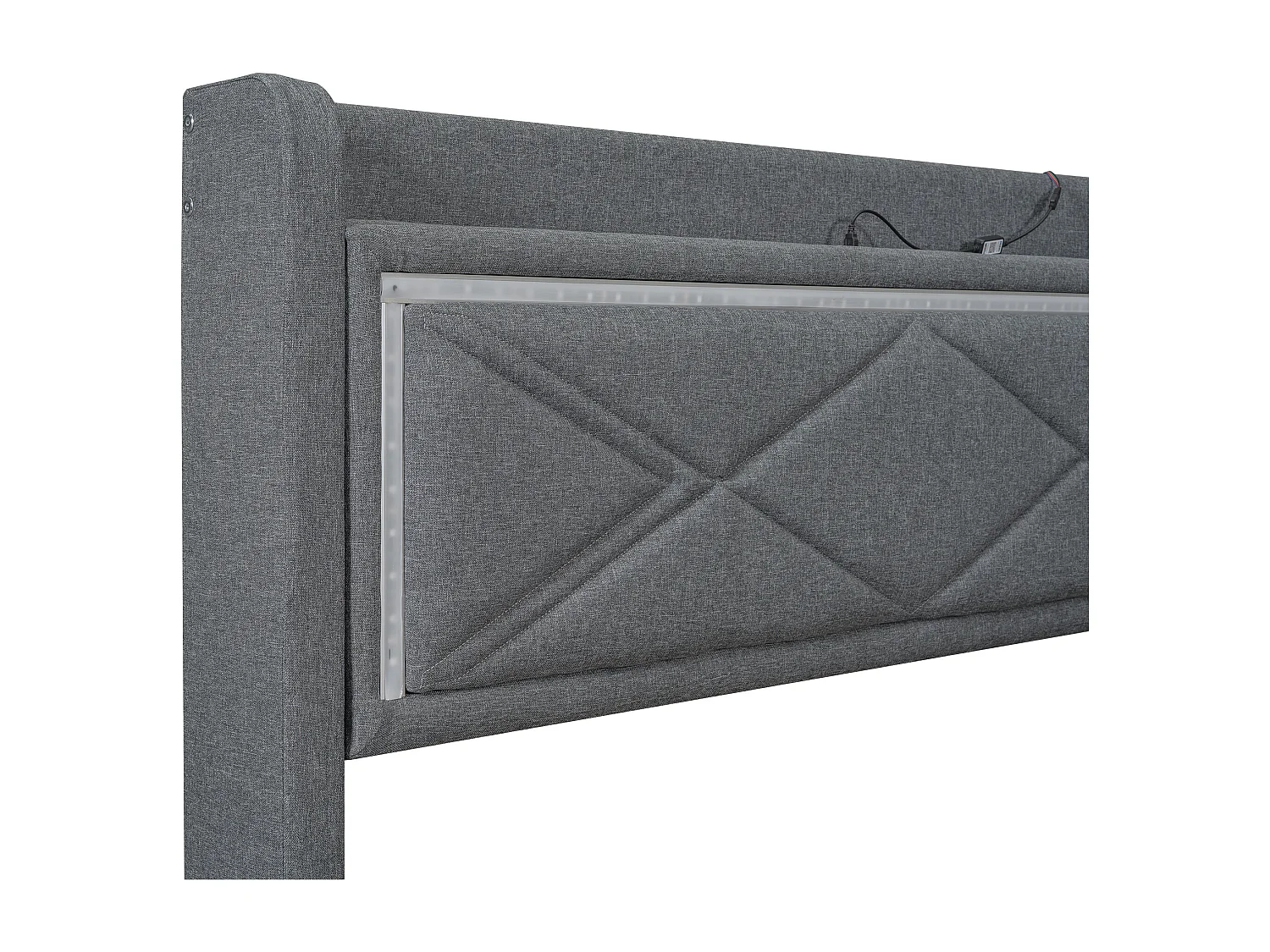 Cama estofada com arrumação e LED, estrado de ripas e cabeceira com porta USB, linho, cinzento 140x200cm