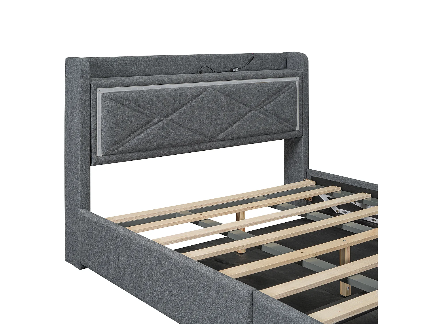 Cama estofada com arrumação e LED, estrado de ripas e cabeceira com porta USB, linho, cinzento 140x200cm