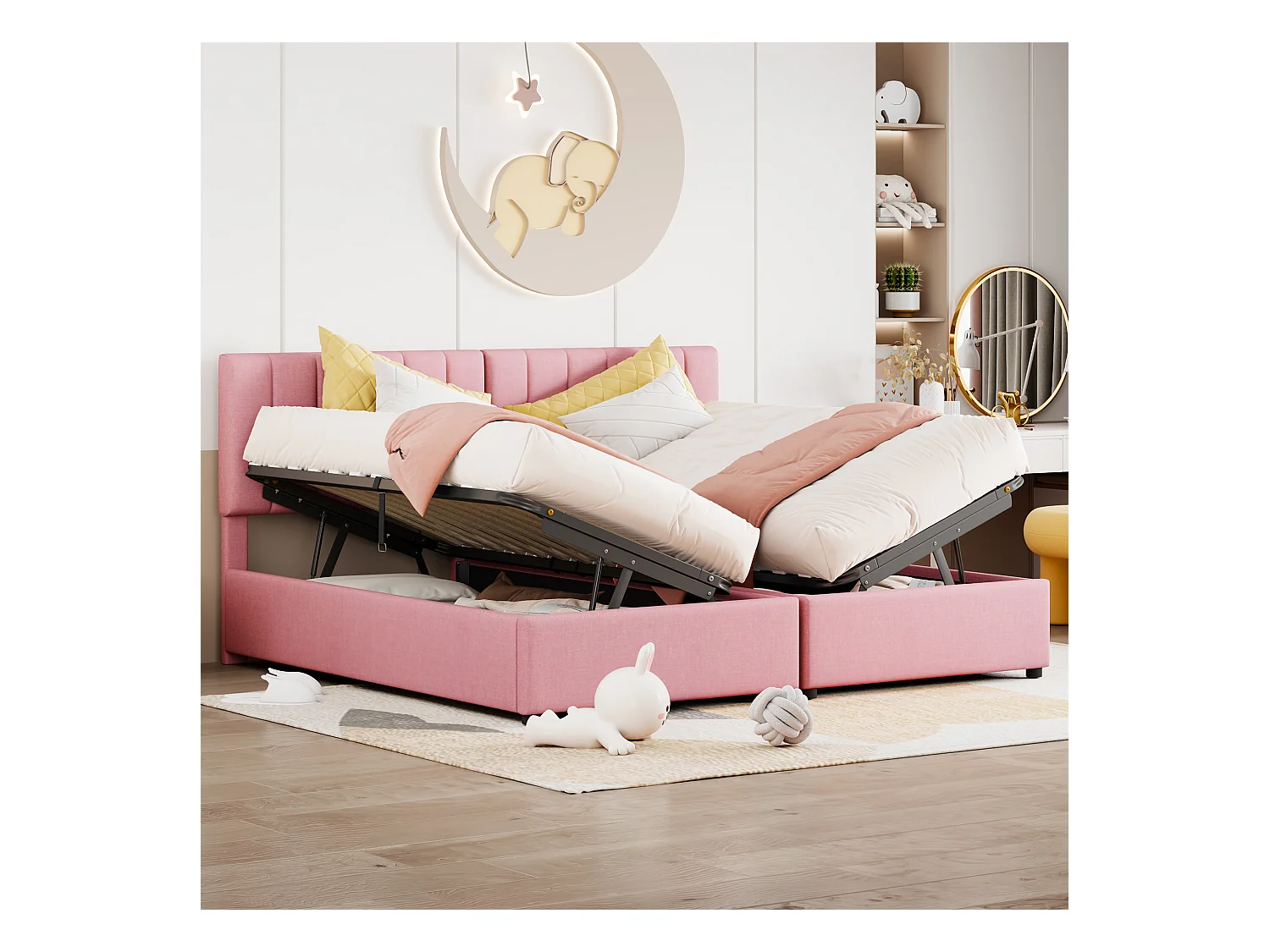 Opbergbed 180x200cm, met hydrauliek met opbergruimte, Verstelbaar hoofdeinde, Houten lattenbodem, Tweepersoonsbed bekleed met linnen - Roze