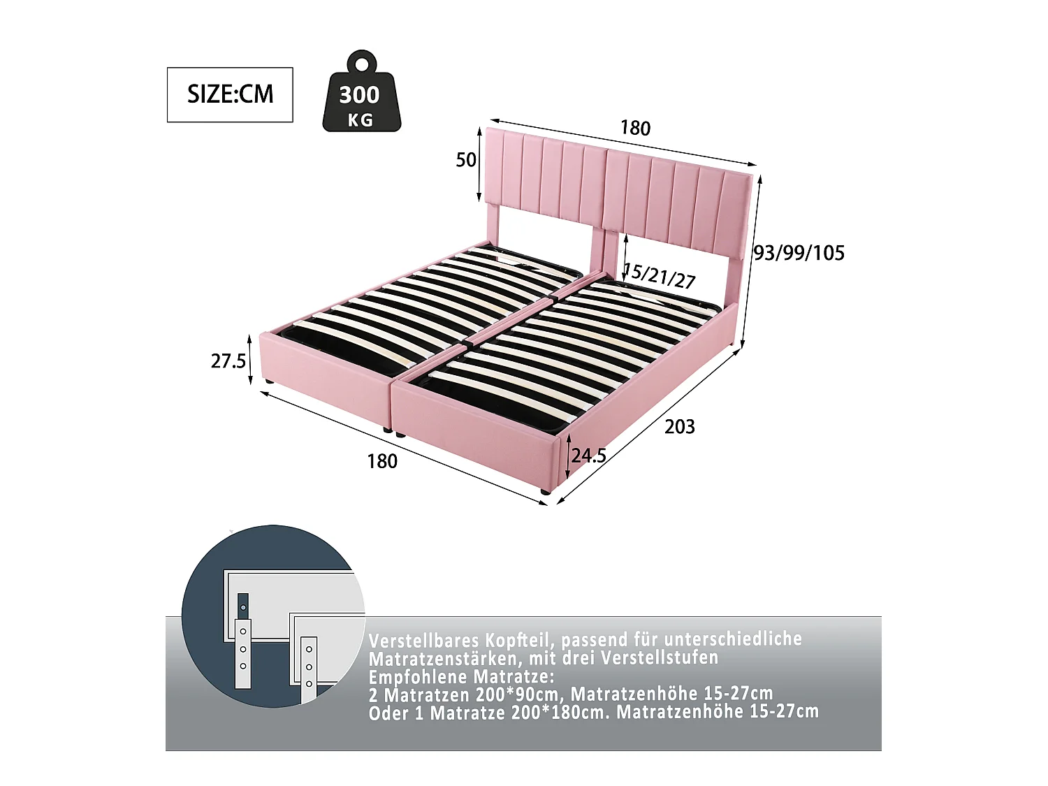 Opbergbed 180x200cm, met hydrauliek met opbergruimte, Verstelbaar hoofdeinde, Houten lattenbodem, Tweepersoonsbed bekleed met linnen - Roze