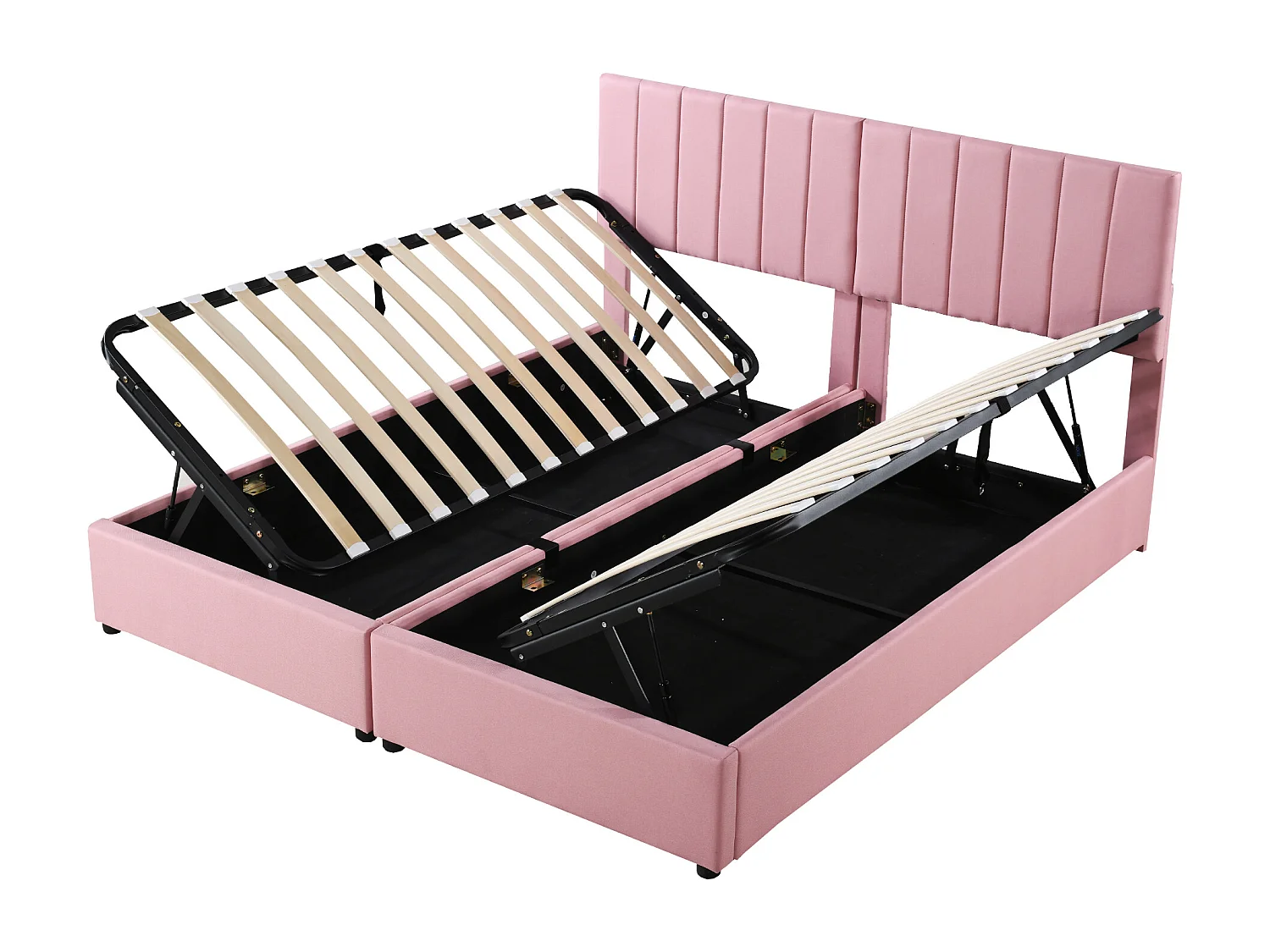 Opbergbed 180x200cm, met hydrauliek met opbergruimte, Verstelbaar hoofdeinde, Houten lattenbodem, Tweepersoonsbed bekleed met linnen - Roze