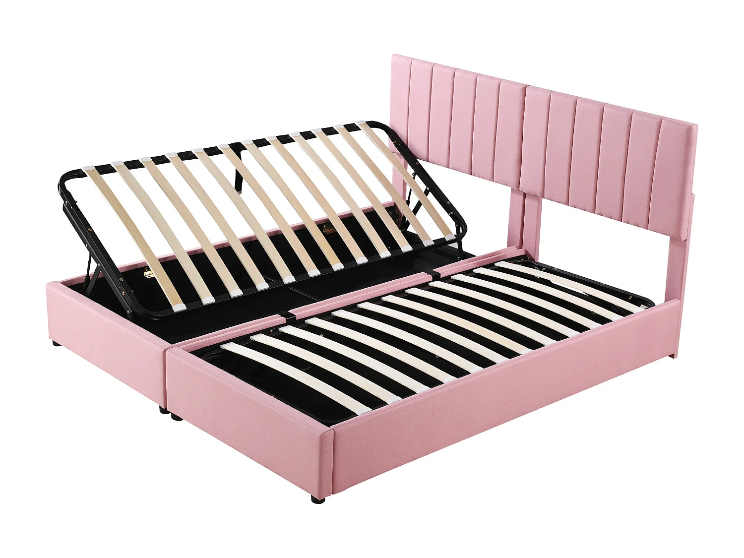 Opbergbed 180x200cm, met hydrauliek met opbergruimte, Verstelbaar hoofdeinde, Houten lattenbodem, Tweepersoonsbed bekleed met linnen - Roze