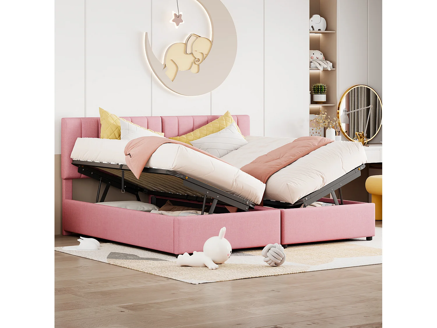 Cama de arrumação 180x200cm, com canalização com espaço de arrumação, cabeceira regulável, estrado de ripas de madeira, cama de casal forrada a linho - Rosa