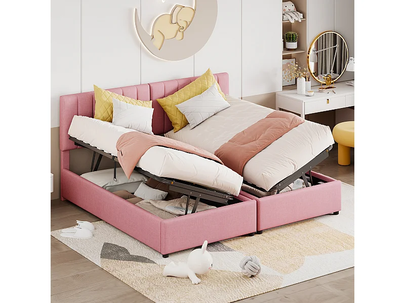 Lit coffre 180x200cm, avec hydraulique avec espace de rangement, Tête de lit ajustable, sommier à lattes en bois, lit double capitonné en lin - Rose