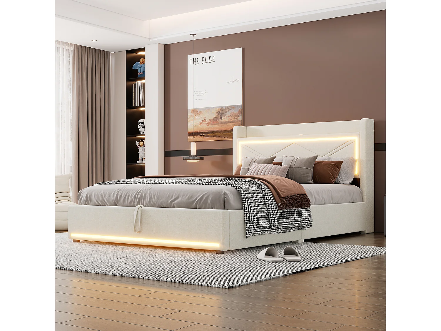 Cama estofada com arrumação e LED, estrado de ripas e cabeceira com porta USB, linho, bege 140x200cm