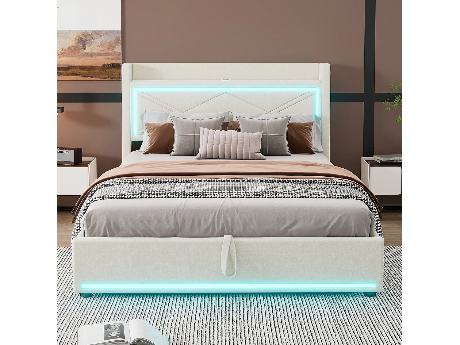 Cama estofada com arrumação e LED, estrado de ripas e cabeceira com porta USB, linho, bege 140x200cm