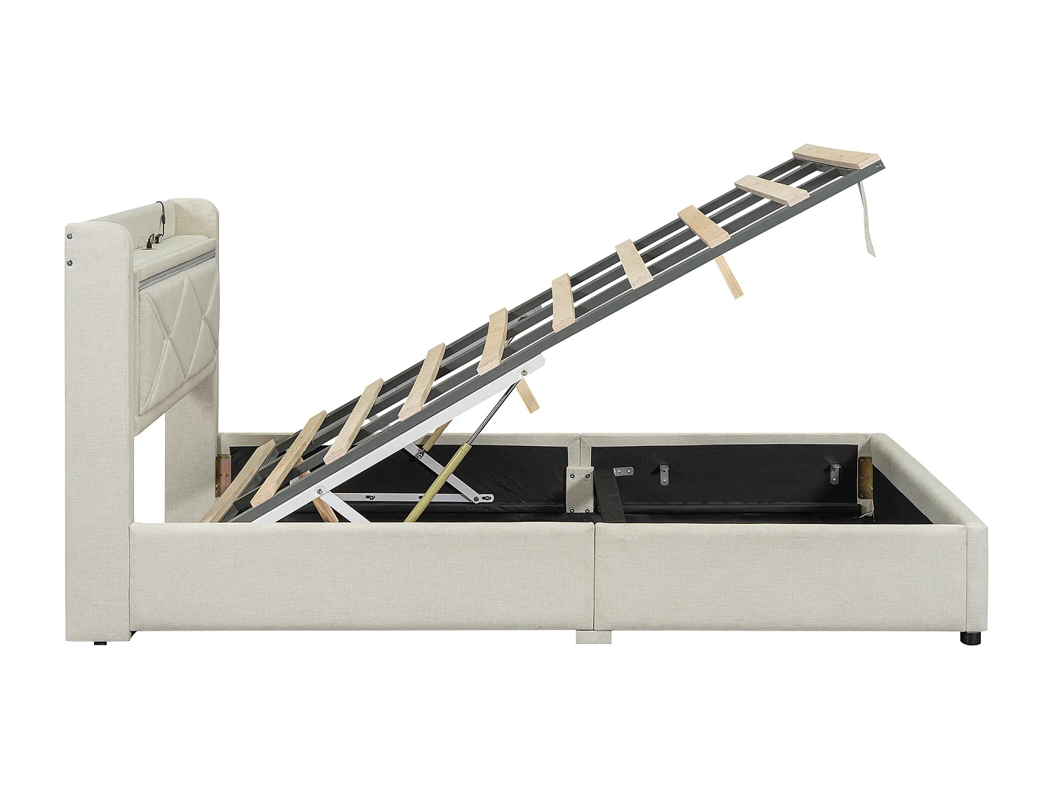 Cama estofada com arrumação e LED, estrado de ripas e cabeceira com porta USB, linho, bege 140x200cm