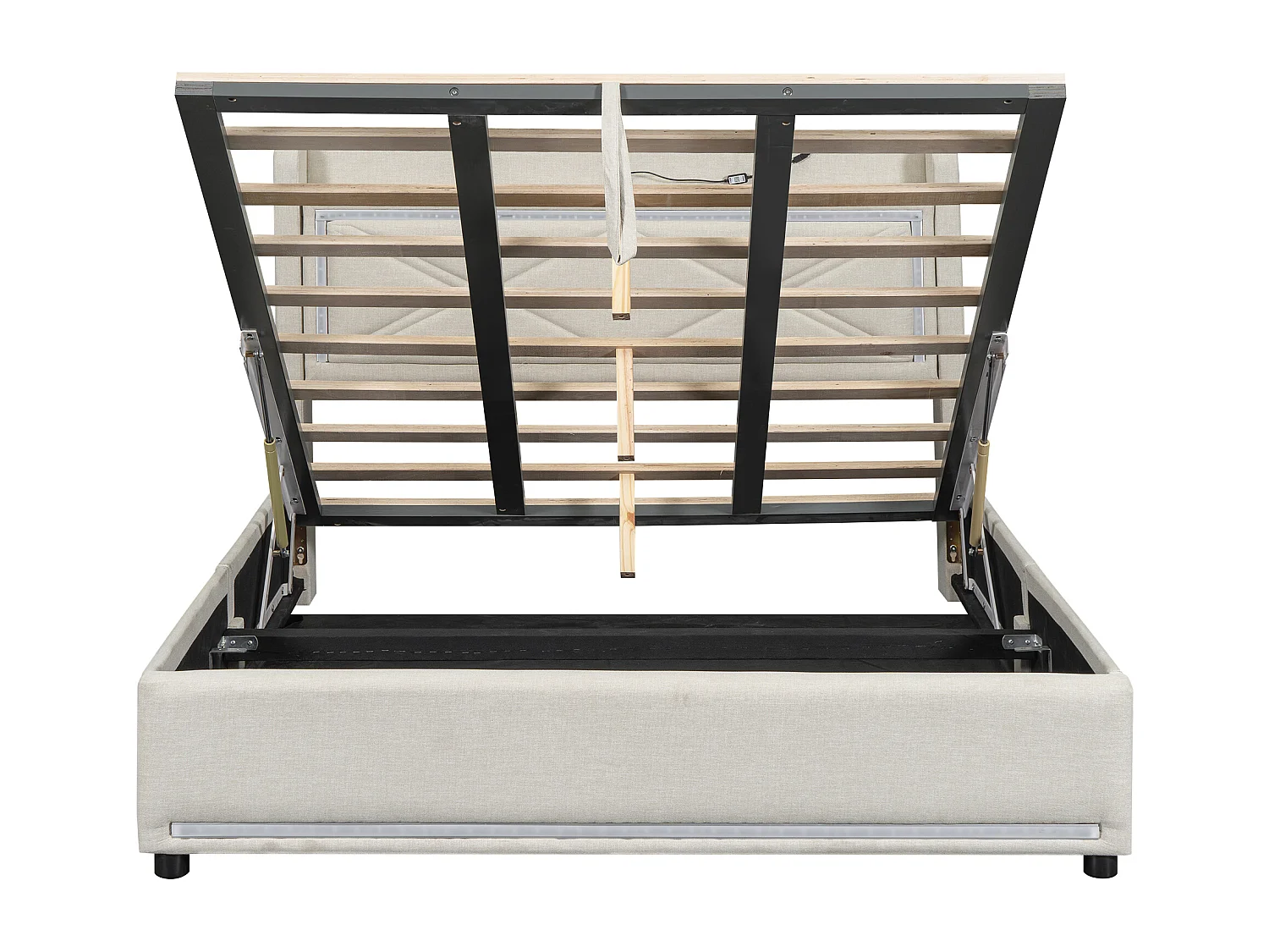 Cama estofada com arrumação e LED, estrado de ripas e cabeceira com porta USB, linho, bege 140x200cm