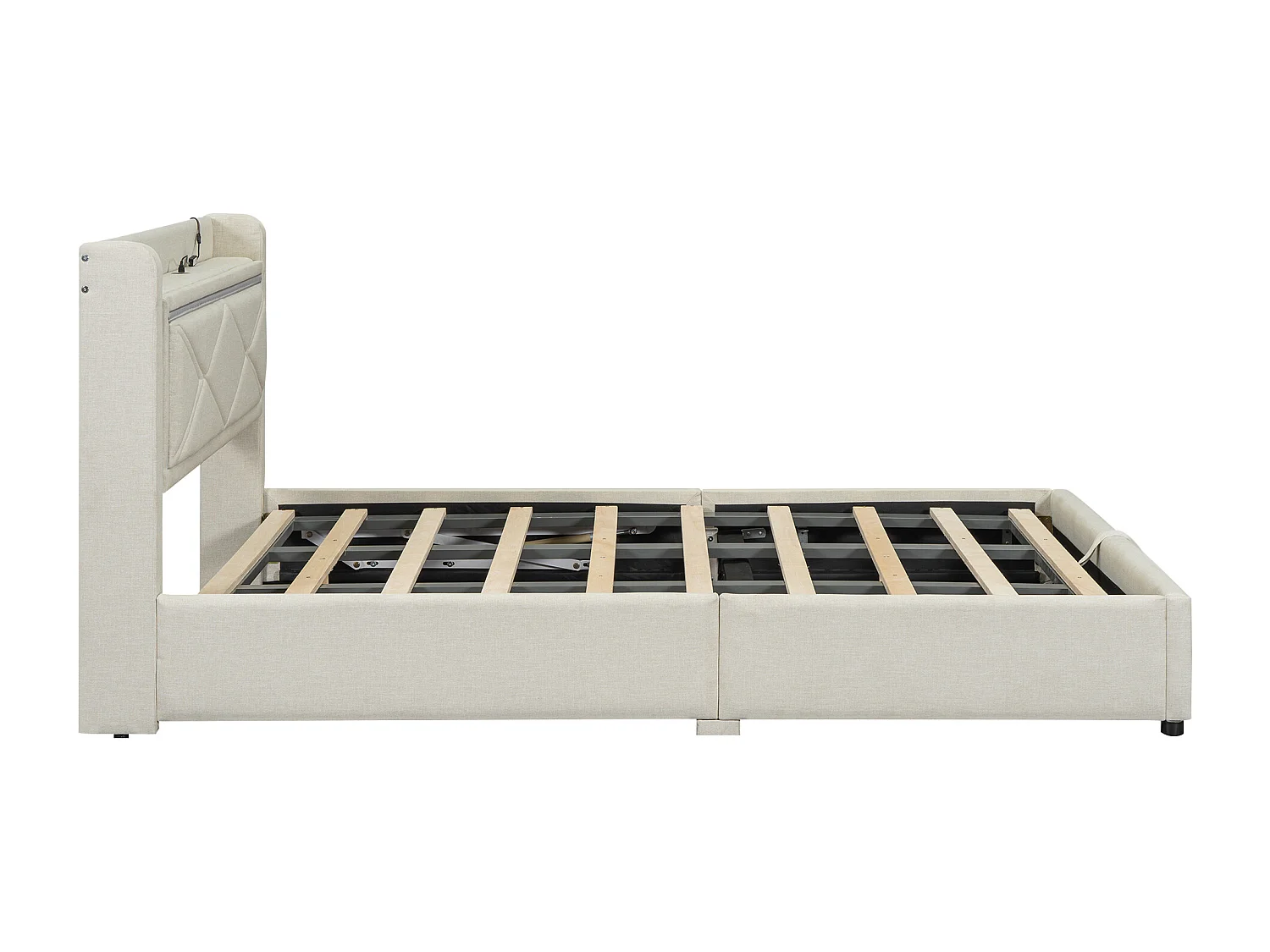 Cama estofada com arrumação e LED, estrado de ripas e cabeceira com porta USB, linho, bege 140x200cm
