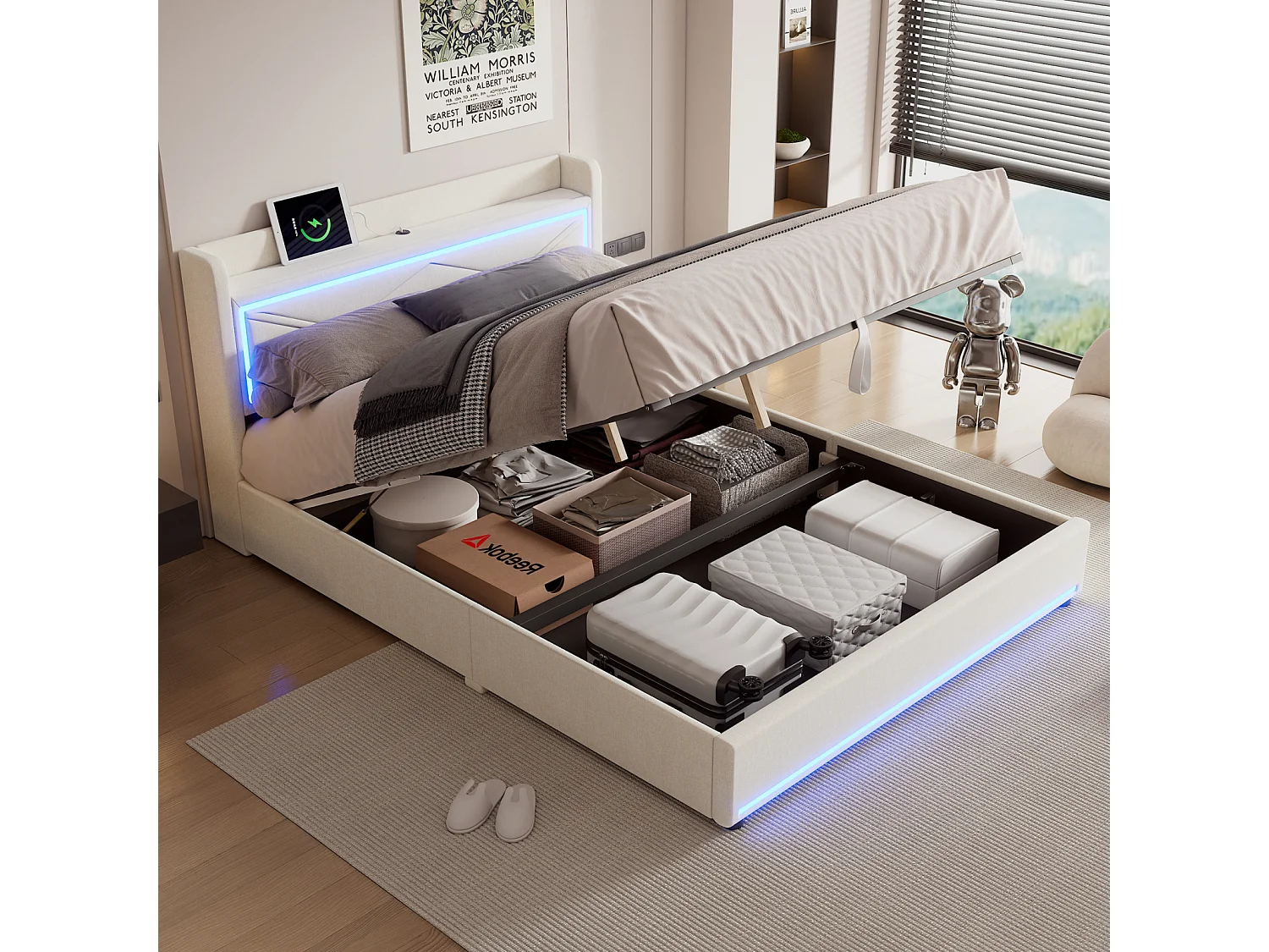Lit coffre capitonné avec LED, sommier à lattes et tête de lit avec port USB, lin, beige 160x200cm