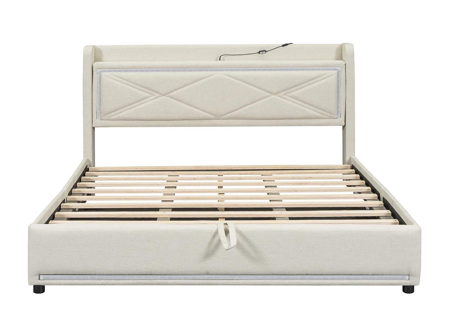 Lit coffre capitonné avec LED, sommier à lattes et tête de lit avec port USB, lin, beige 160x200cm