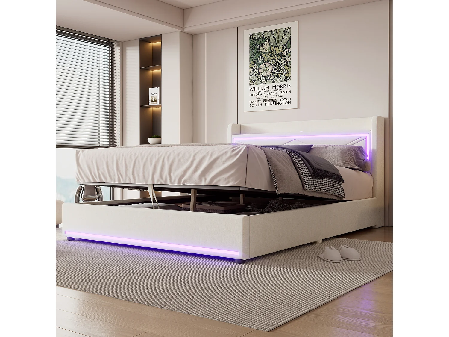 Lit coffre capitonné avec LED, sommier à lattes et tête de lit avec port USB, lin, beige 160x200cm