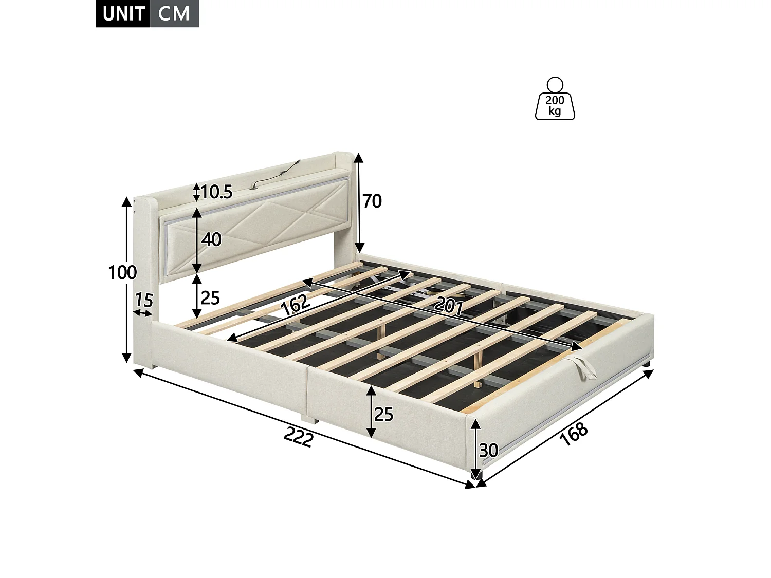 Lit coffre capitonné avec LED, sommier à lattes et tête de lit avec port USB, lin, beige 160x200cm