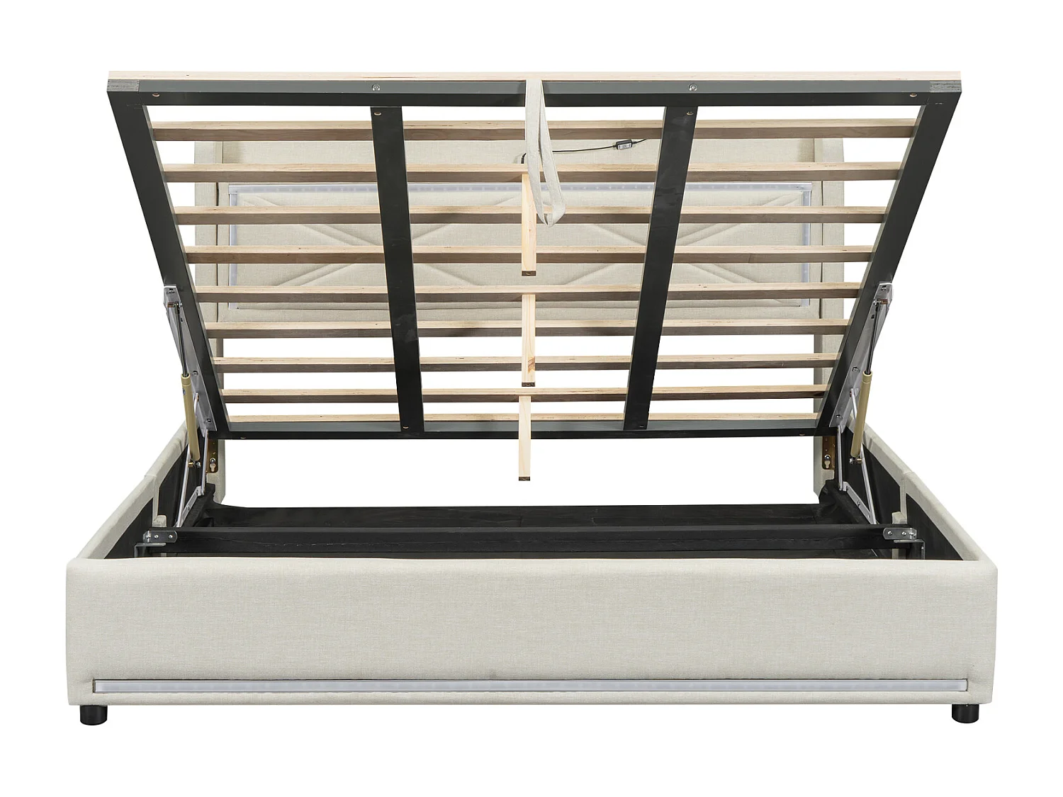 Lit coffre capitonné avec LED, sommier à lattes et tête de lit avec port USB, lin, beige 160x200cm