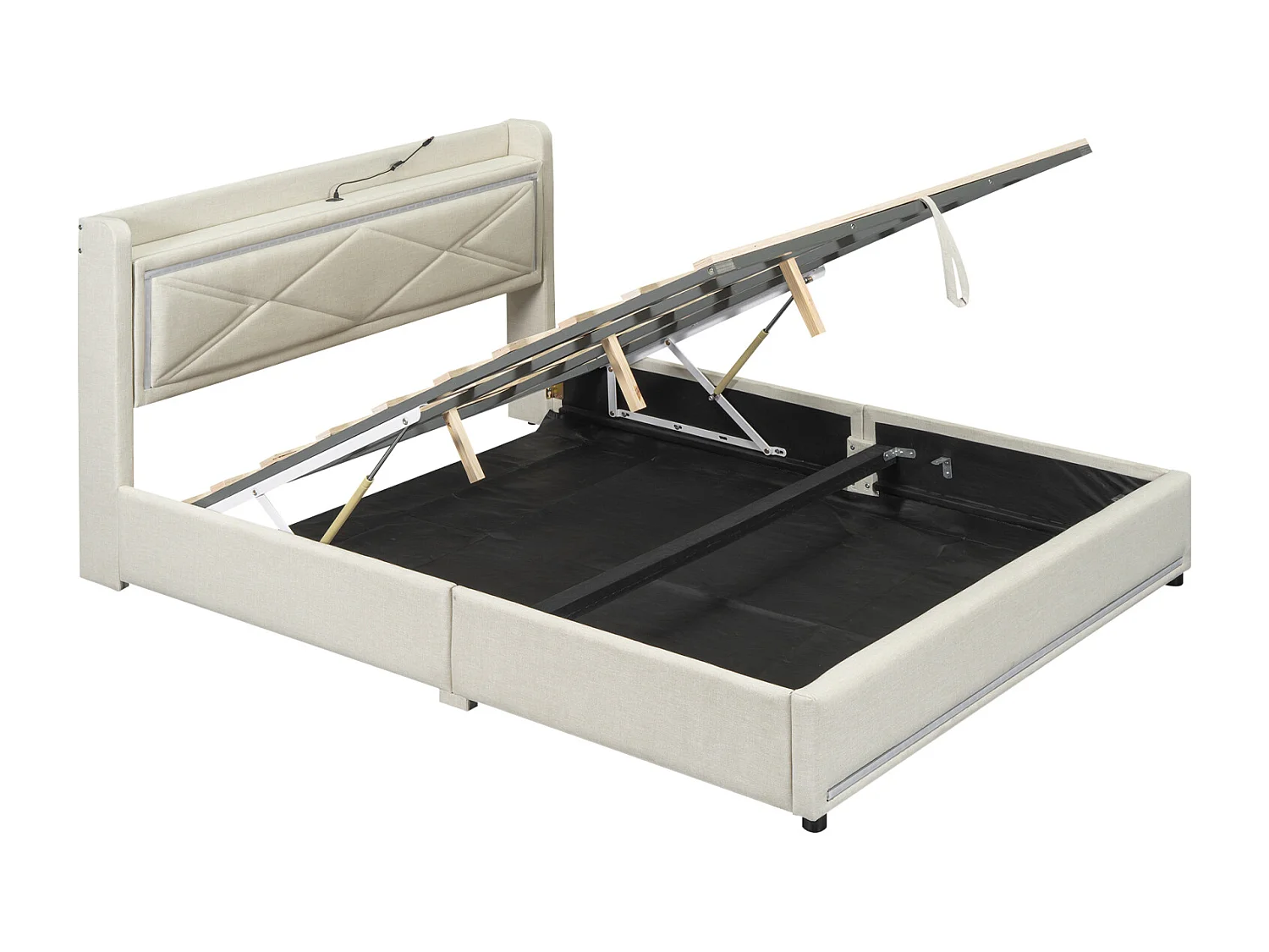 Lit coffre capitonné avec LED, sommier à lattes et tête de lit avec port USB, lin, beige 160x200cm