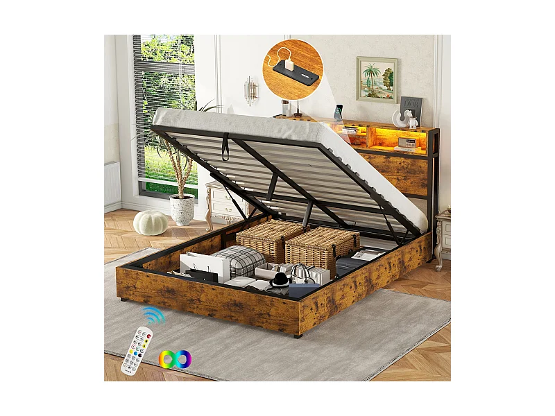 LED opbergbed, tweepersoonsbed met lattenbodem en opberghoofdeinde, industriële stijl, bruin 140x200cm