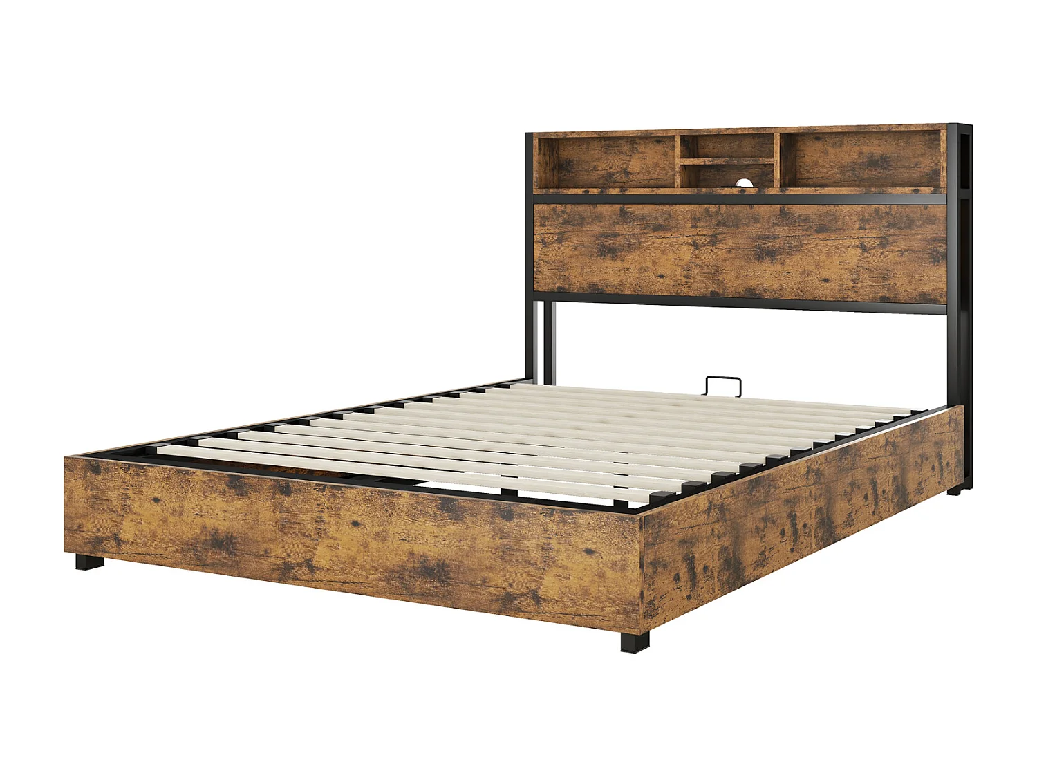 LED opbergbed, tweepersoonsbed met lattenbodem en opberghoofdeinde, industriële stijl, bruin 140x200cm