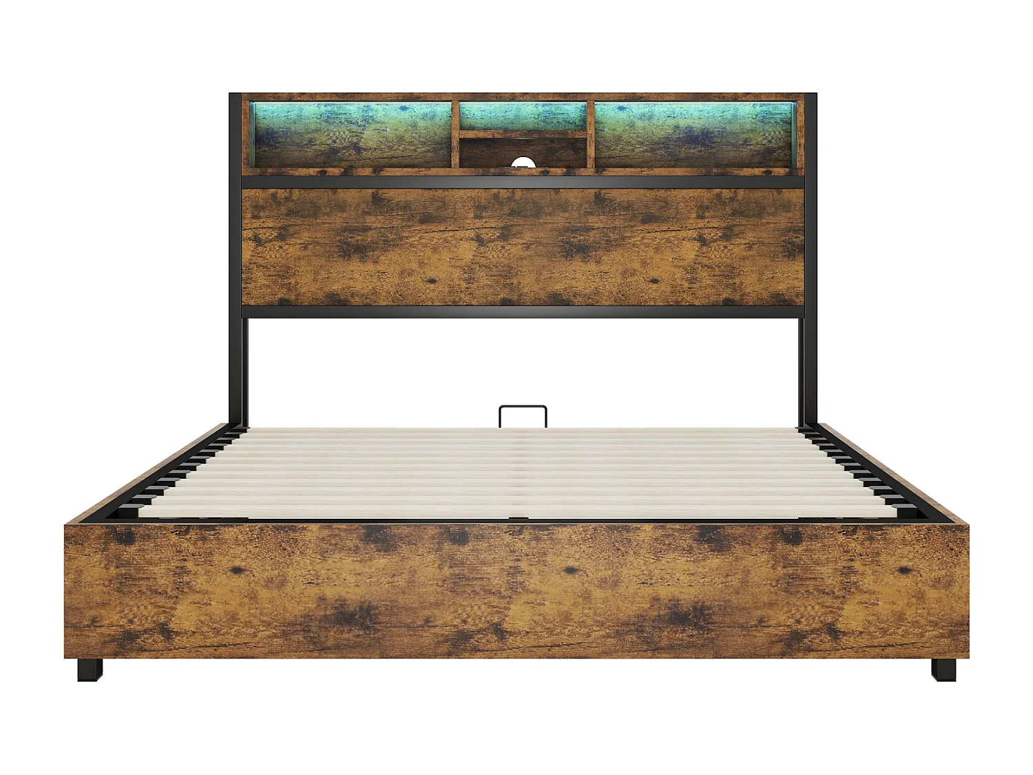 LED opbergbed, tweepersoonsbed met lattenbodem en opberghoofdeinde, industriële stijl, bruin 140x200cm