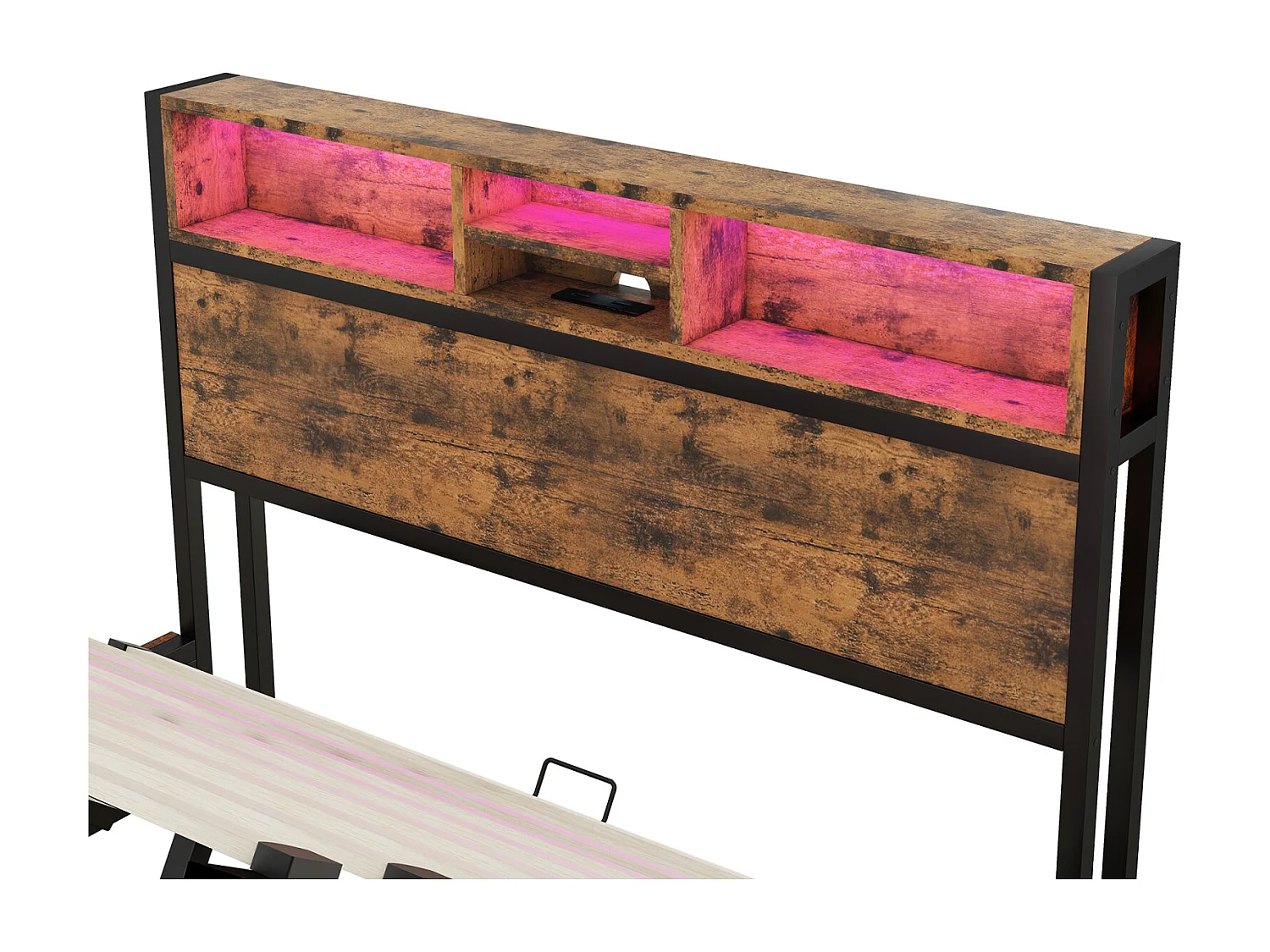 LED opbergbed, tweepersoonsbed met lattenbodem en opberghoofdeinde, industriële stijl, bruin 140x200cm