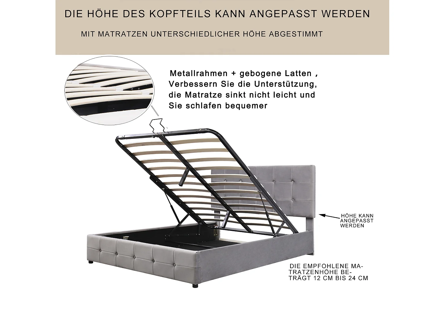 Lit coffre double 140x200 cm - avec tête de lit inclinable, structure métallique, sommier à lattes, lit capitonné velours - Gris