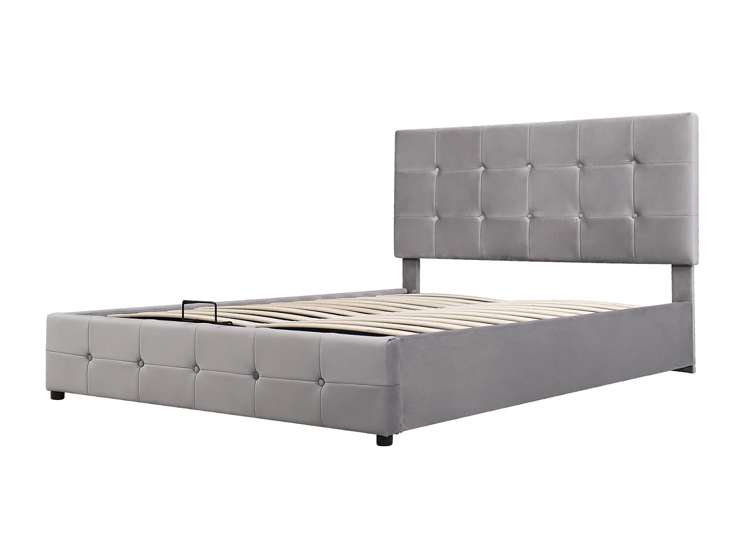 Lit coffre double 140x200 cm - avec tête de lit inclinable, structure métallique, sommier à lattes, lit capitonné velours - Gris