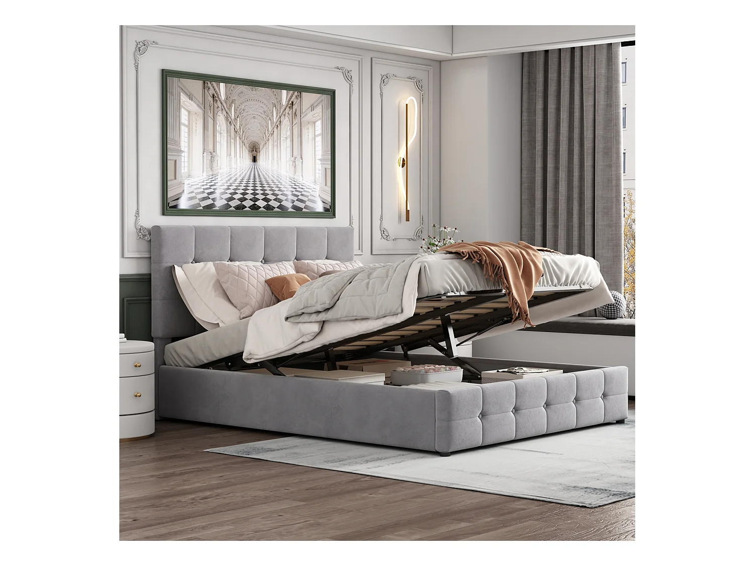 Lit coffre double 140x200 cm - avec tête de lit inclinable, structure métallique, sommier à lattes, lit capitonné velours - Gris