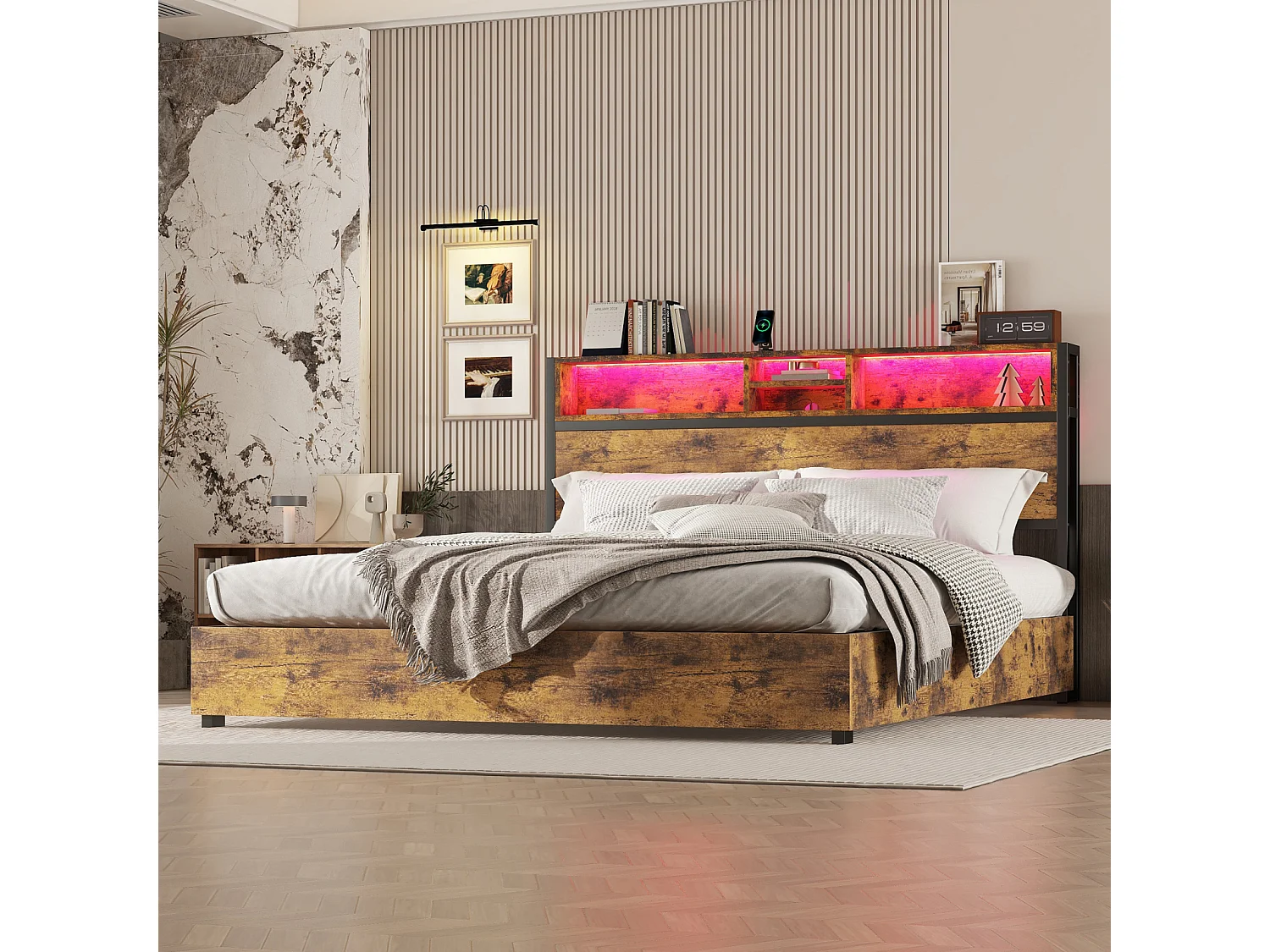 Cama de arrumação LED, cama de casal com base de ripas e cabeceira de arrumação, estilo industrial, castanho 180x200cm