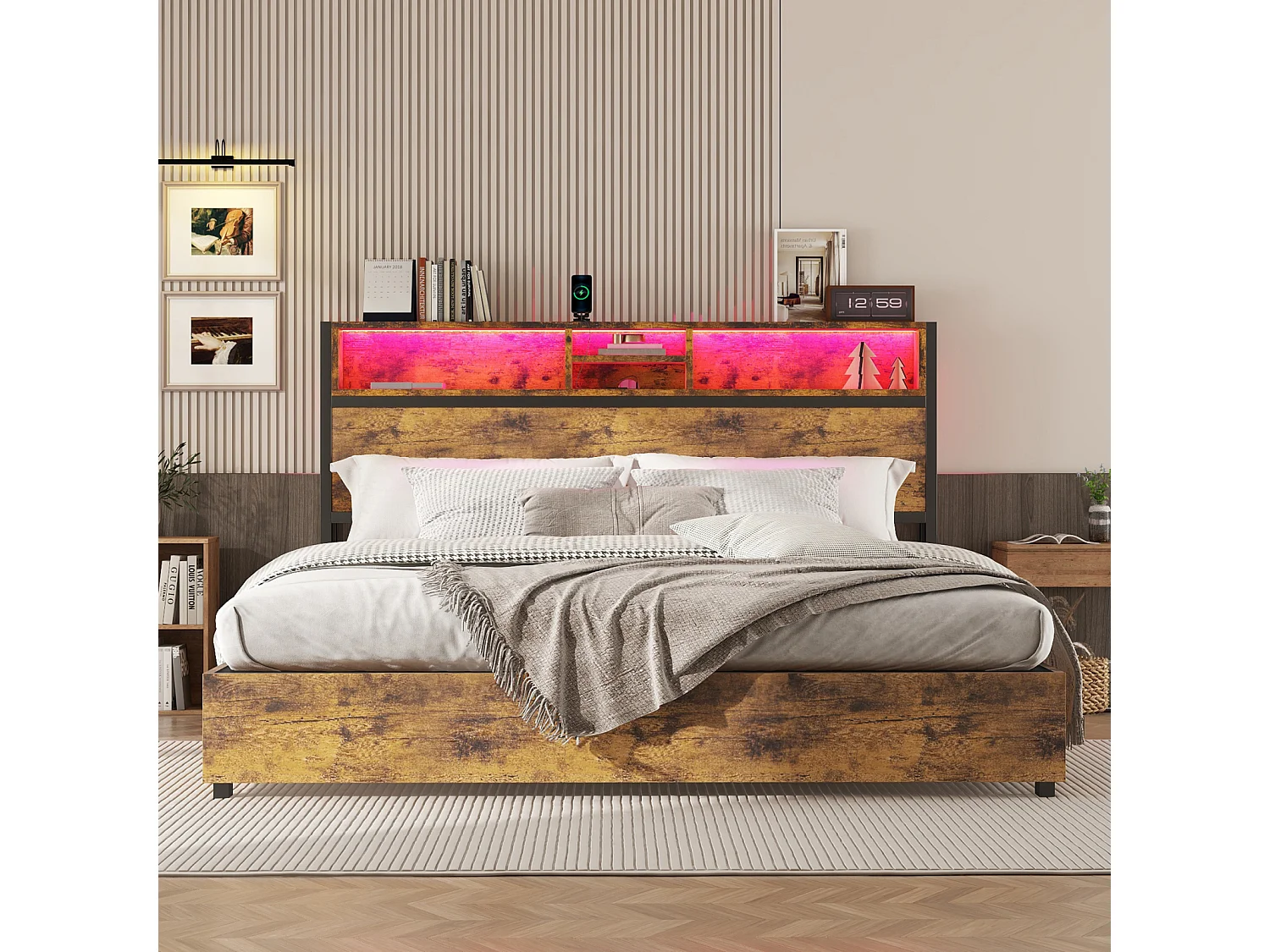 Cama de arrumação LED, cama de casal com base de ripas e cabeceira de arrumação, estilo industrial, castanho 180x200cm