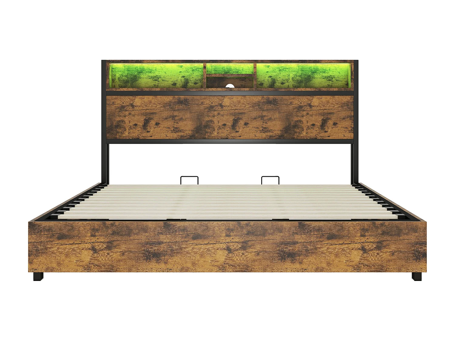 Cama de arrumação LED, cama de casal com base de ripas e cabeceira de arrumação, estilo industrial, castanho 180x200cm