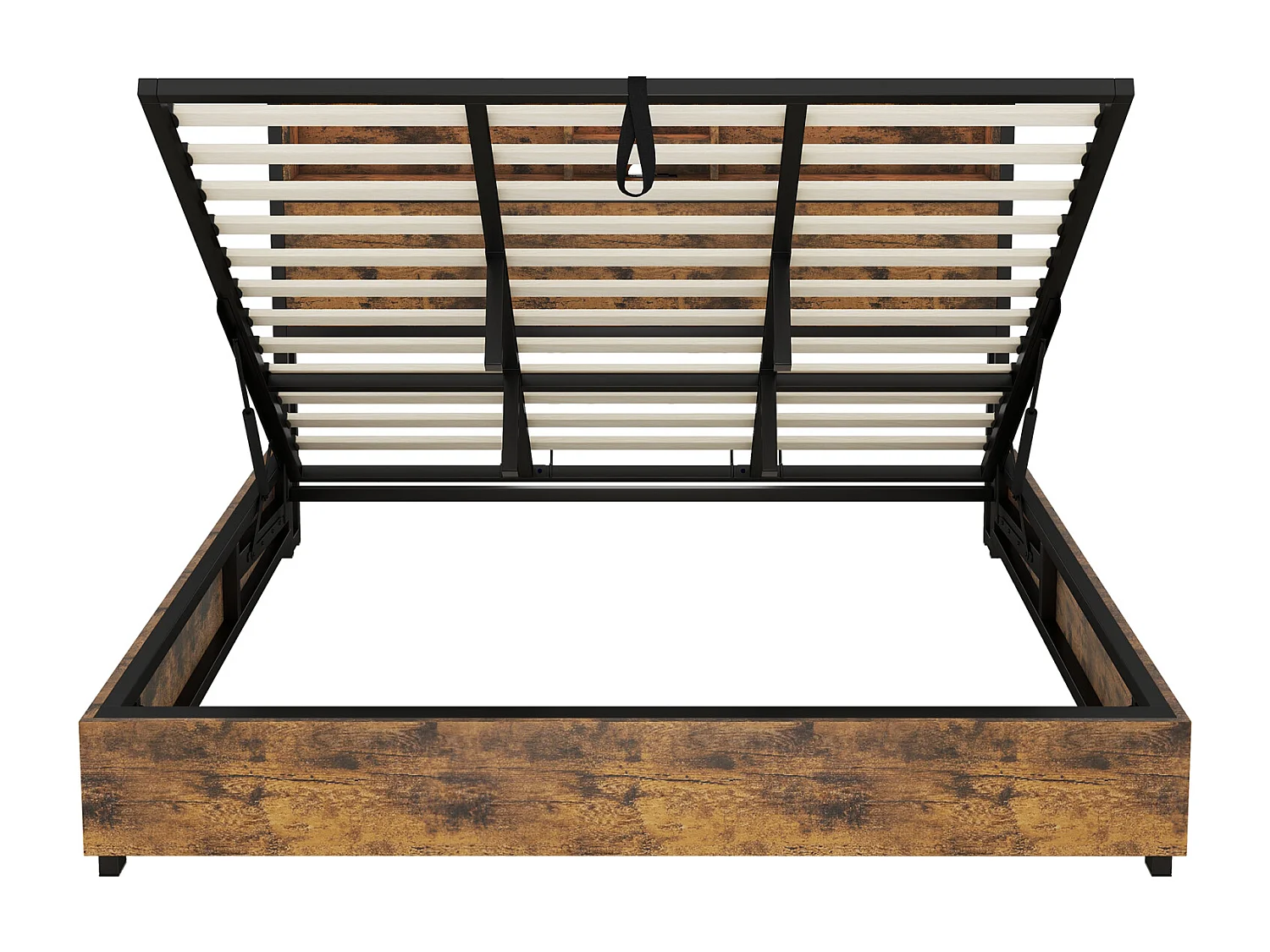 Cama de arrumação LED, cama de casal com base de ripas e cabeceira de arrumação, estilo industrial, castanho 180x200cm