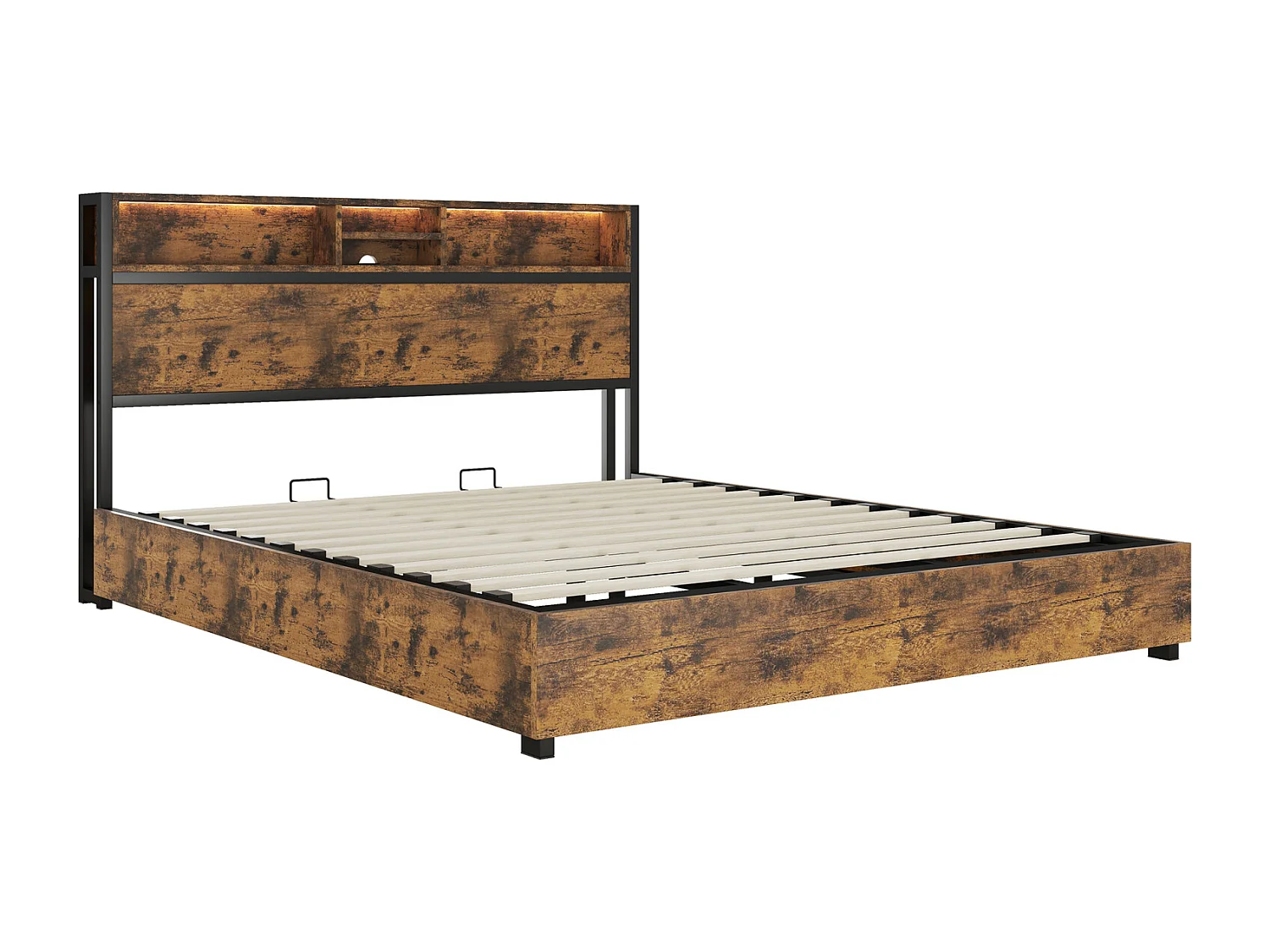 Cama de arrumação LED, cama de casal com base de ripas e cabeceira de arrumação, estilo industrial, castanho 180x200cm