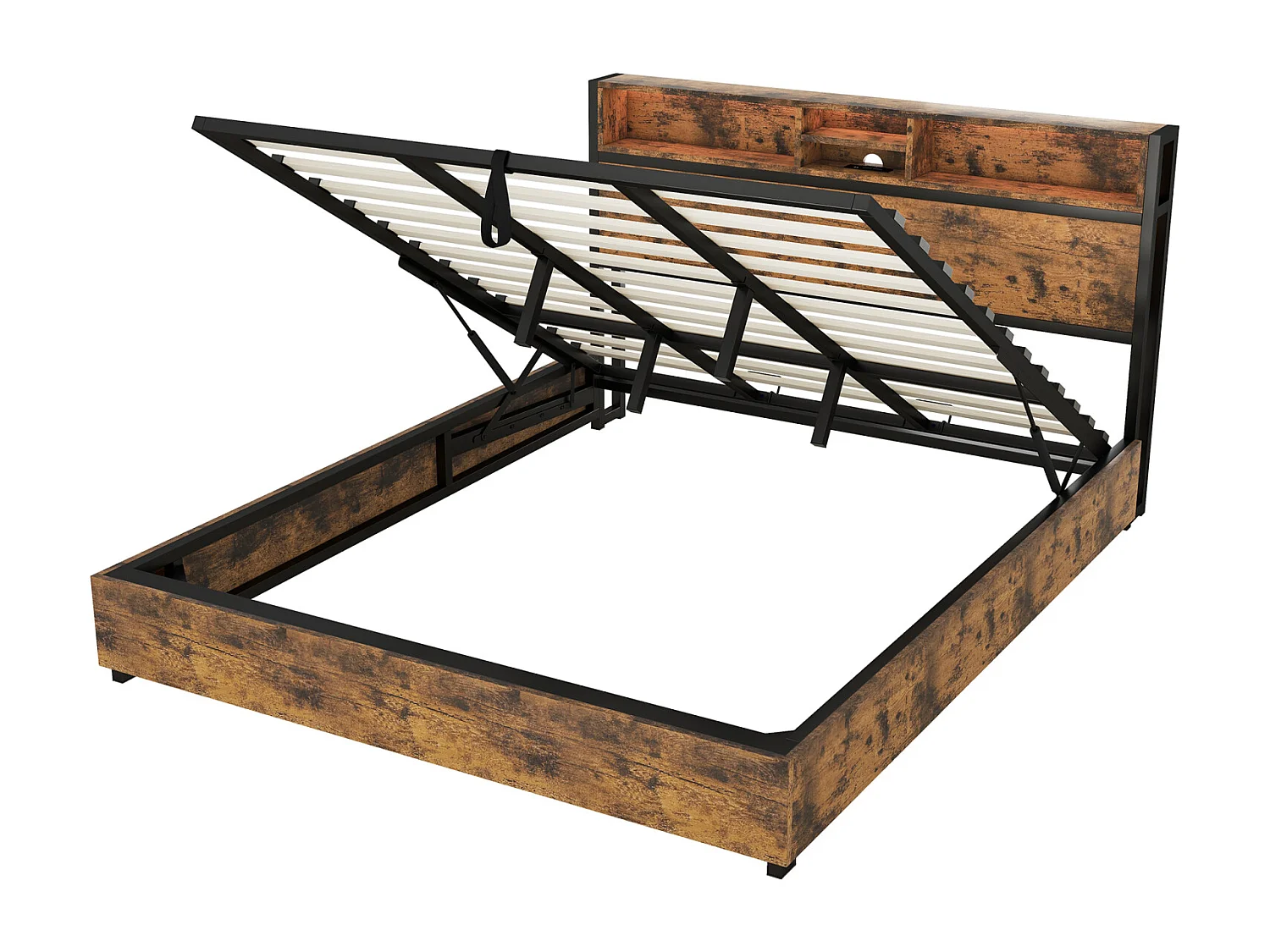 Cama de arrumação LED, cama de casal com base de ripas e cabeceira de arrumação, estilo industrial, castanho 180x200cm