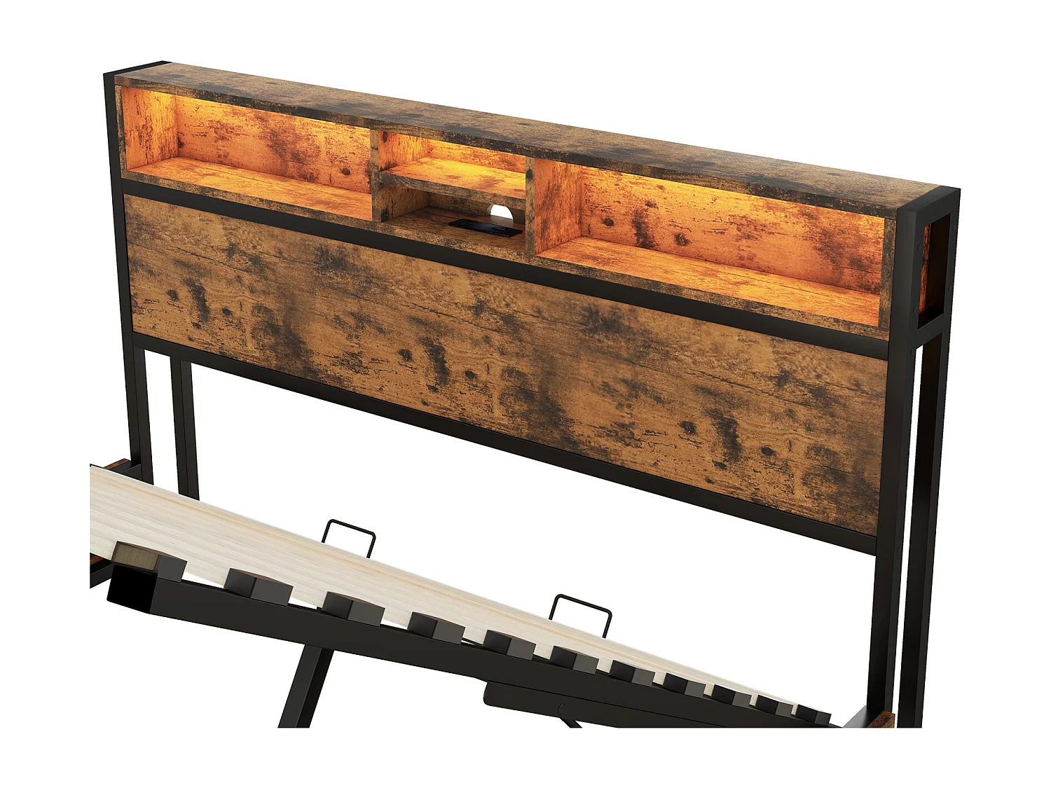 Cama de arrumação LED, cama de casal com base de ripas e cabeceira de arrumação, estilo industrial, castanho 180x200cm
