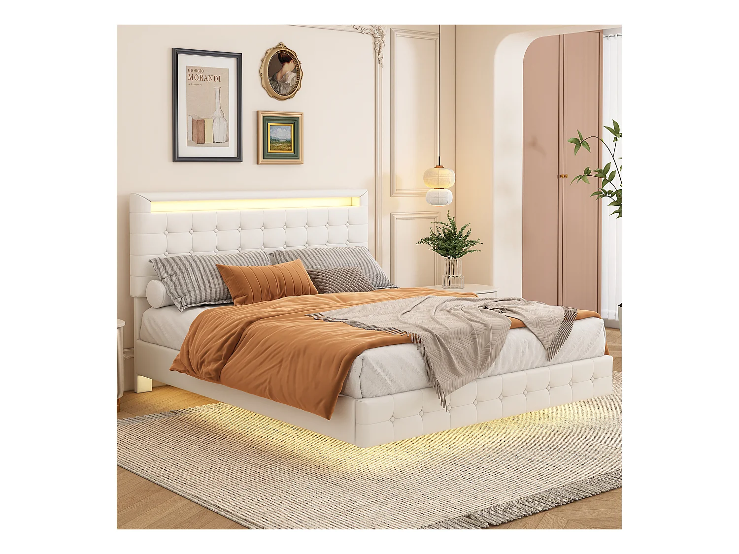 Lit double 140x200cm, lit adulte LED avec sommer à lattes et tête de lit réglable de la hauteur, matériau PU+MDF, blanc