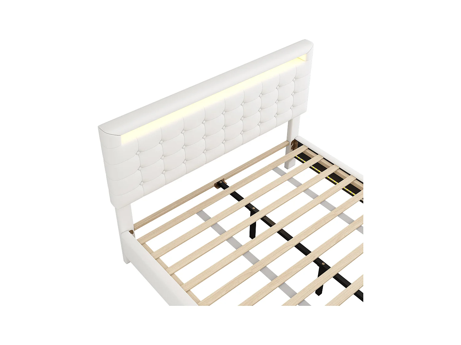 Lit double 140x200cm, lit adulte LED avec sommer à lattes et tête de lit réglable de la hauteur, matériau PU+MDF, blanc