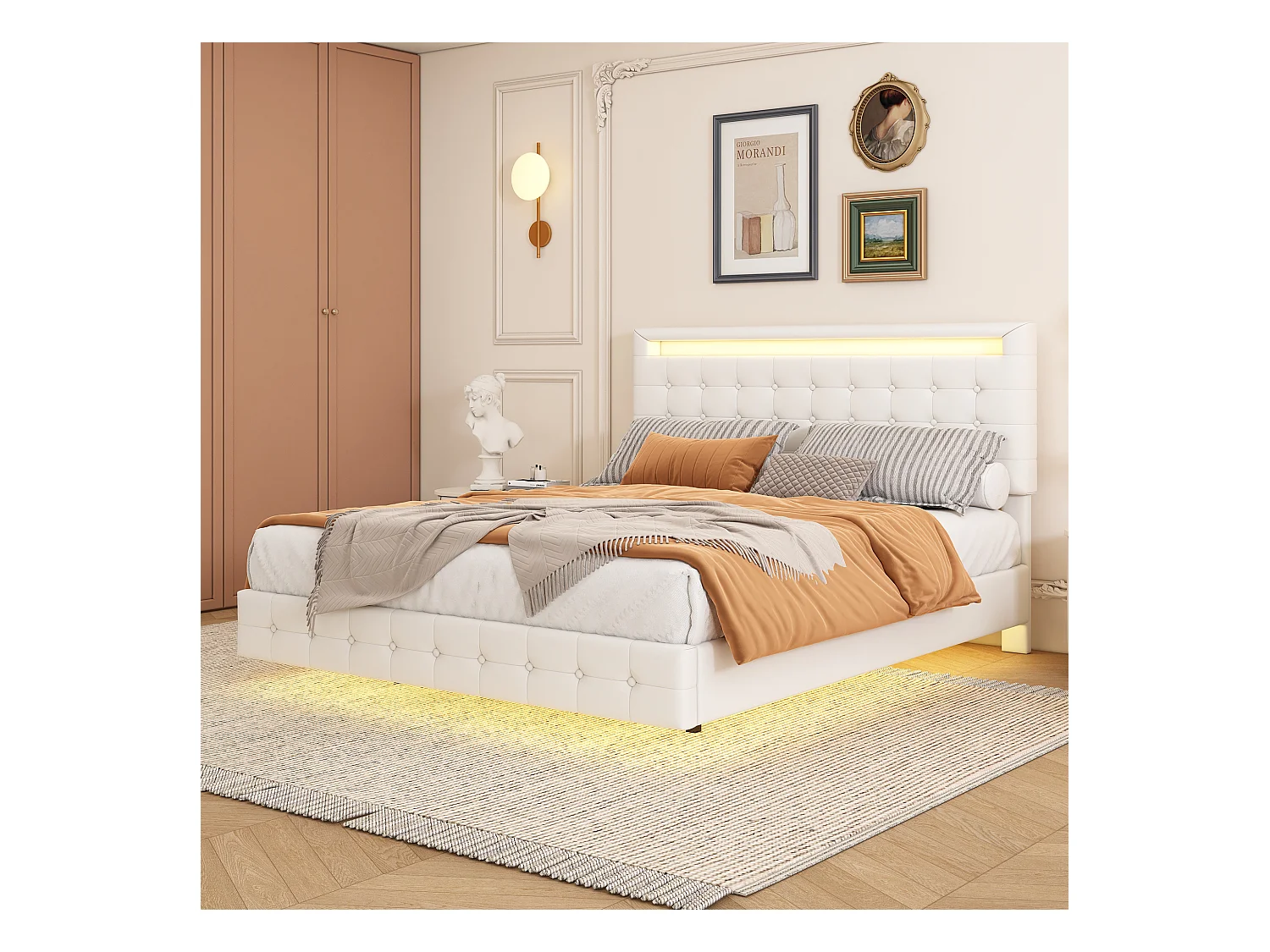 Lit double 140x200cm, lit adulte LED avec sommer à lattes et tête de lit réglable de la hauteur, matériau PU+MDF, blanc