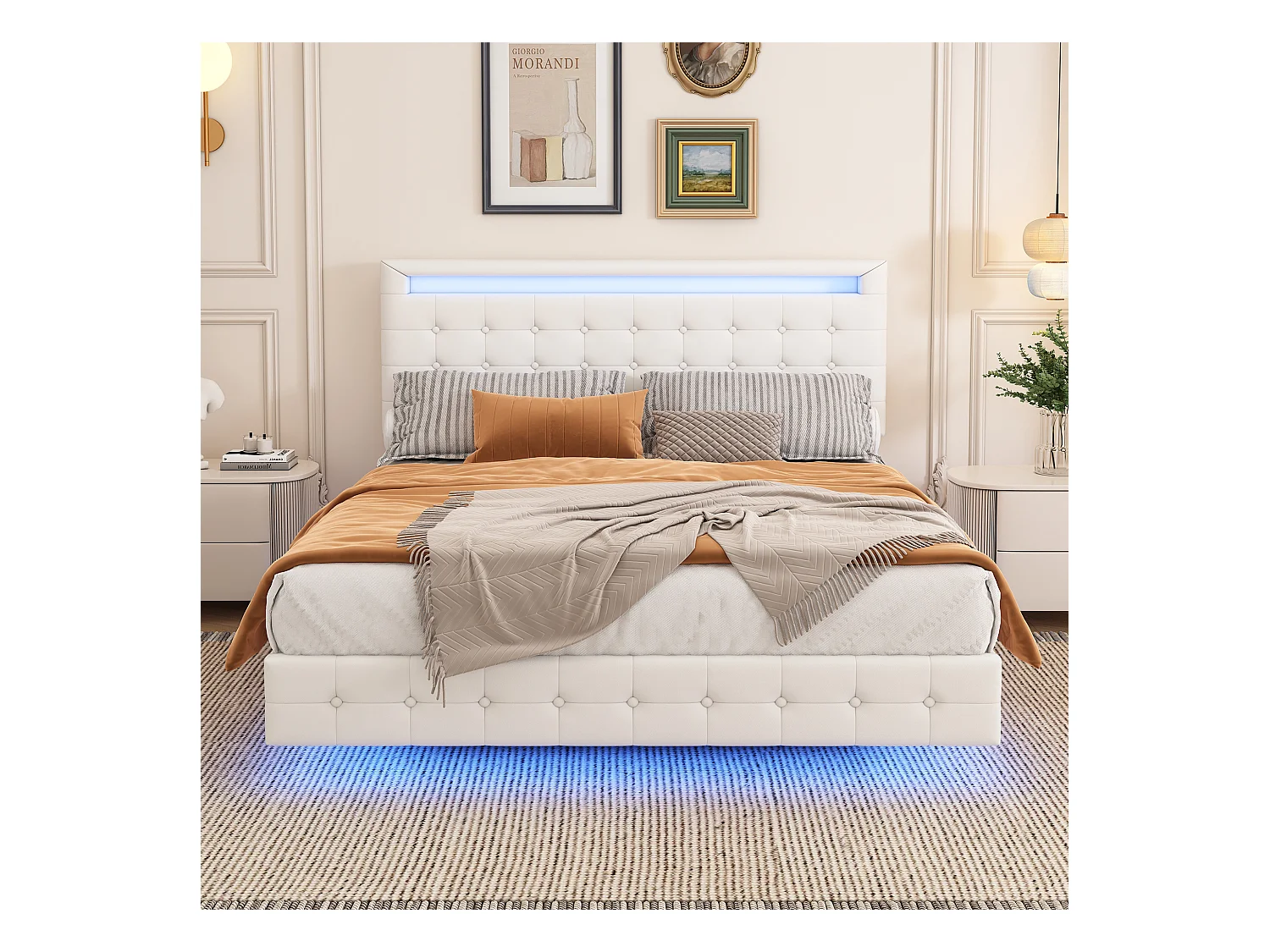 Lit double 140x200cm, lit adulte LED avec sommer à lattes et tête de lit réglable de la hauteur, matériau PU+MDF, blanc