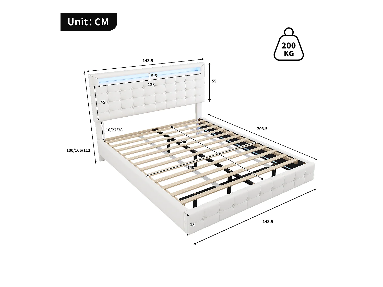 Lit double 140x200cm, lit adulte LED avec sommer à lattes et tête de lit réglable de la hauteur, matériau PU+MDF, blanc
