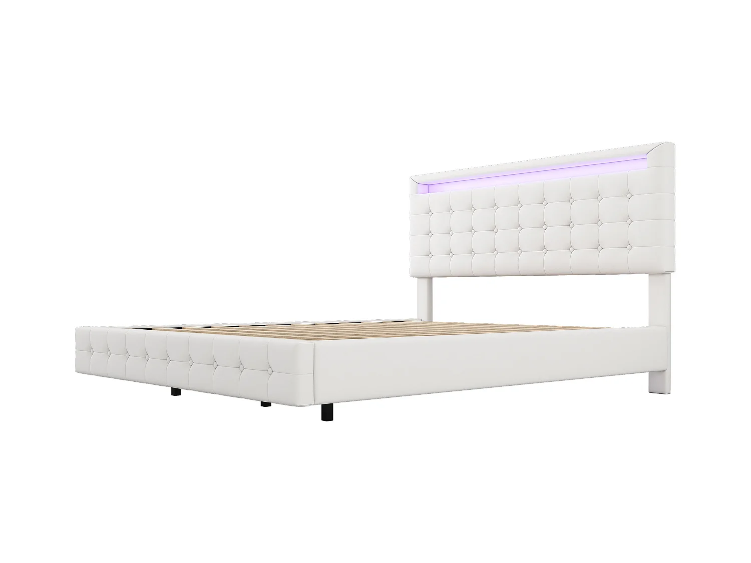 Lit double 140x200cm, lit adulte LED avec sommer à lattes et tête de lit réglable de la hauteur, matériau PU+MDF, blanc