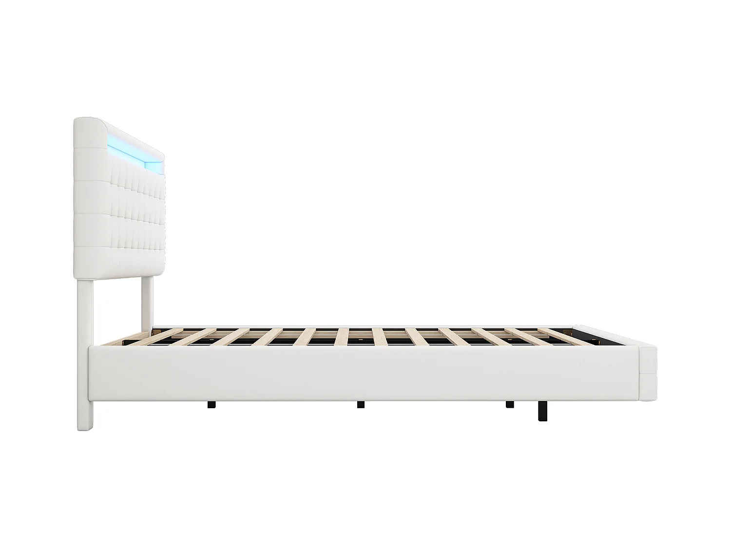 Lit double 140x200cm, lit adulte LED avec sommer à lattes et tête de lit réglable de la hauteur, matériau PU+MDF, blanc