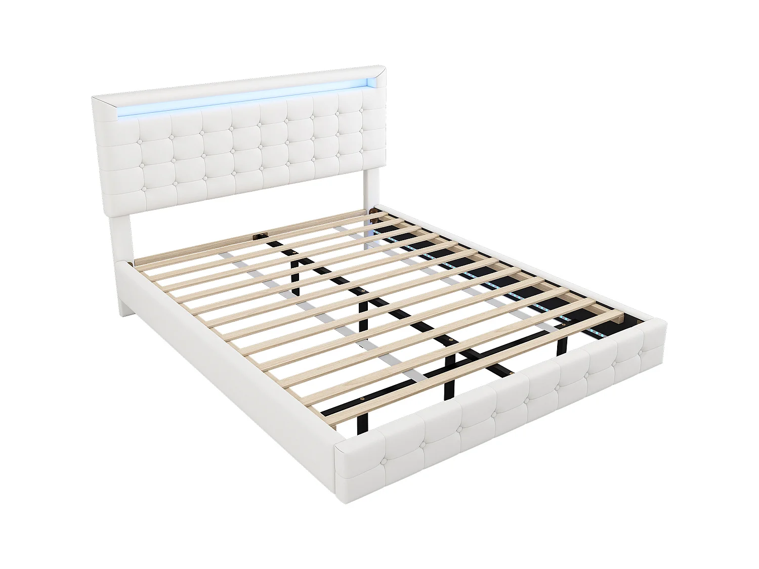 Lit double 140x200cm, lit adulte LED avec sommer à lattes et tête de lit réglable de la hauteur, matériau PU+MDF, blanc