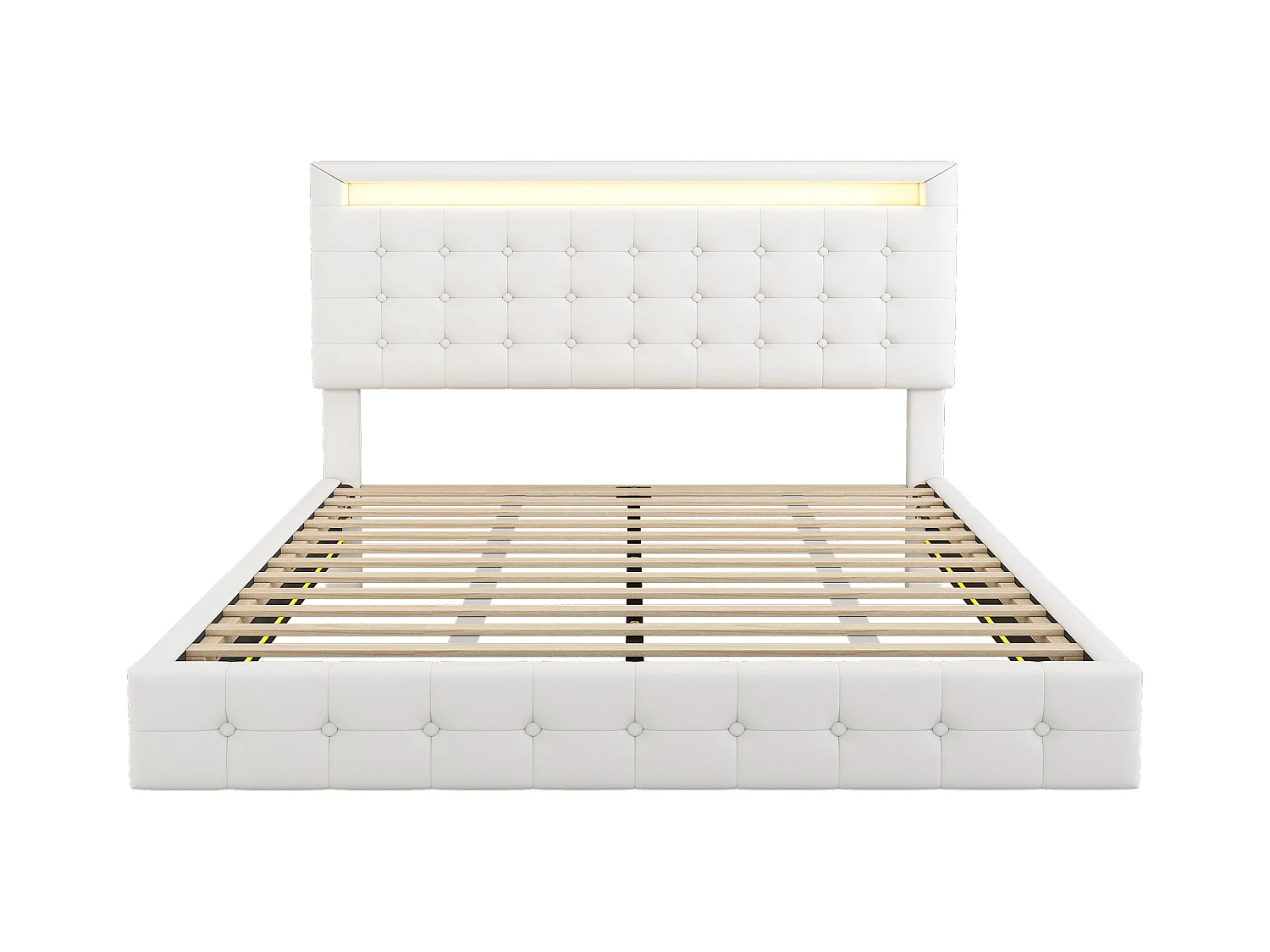 Lit double 140x200cm, lit adulte LED avec sommer à lattes et tête de lit réglable de la hauteur, matériau PU+MDF, blanc