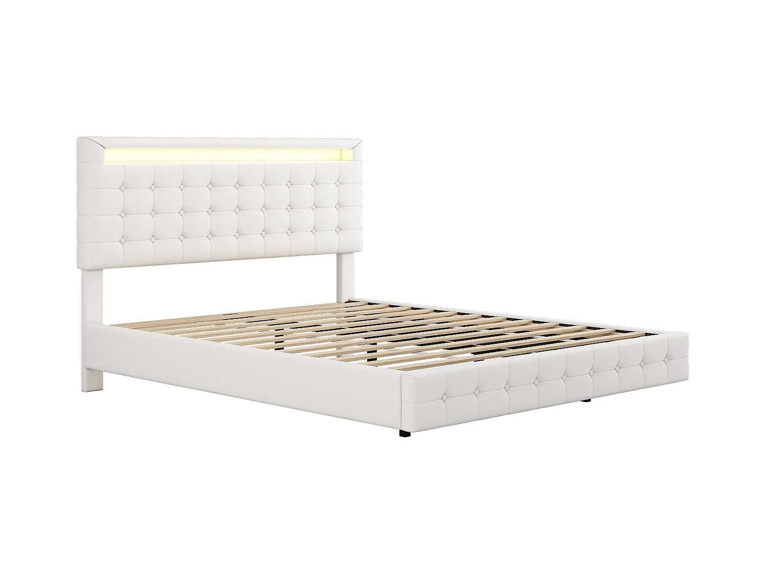 Lit double 140x200cm, lit adulte LED avec sommer à lattes et tête de lit réglable de la hauteur, matériau PU+MDF, blanc