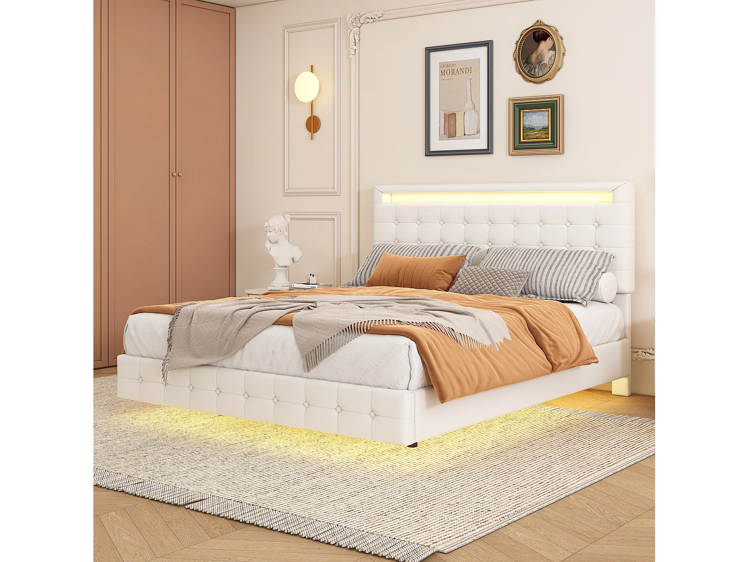 Cama de casal 140x200cm, cama de adulto LED com estrado de ripas e cabeceira regulável em altura, material PU+MDF, branco