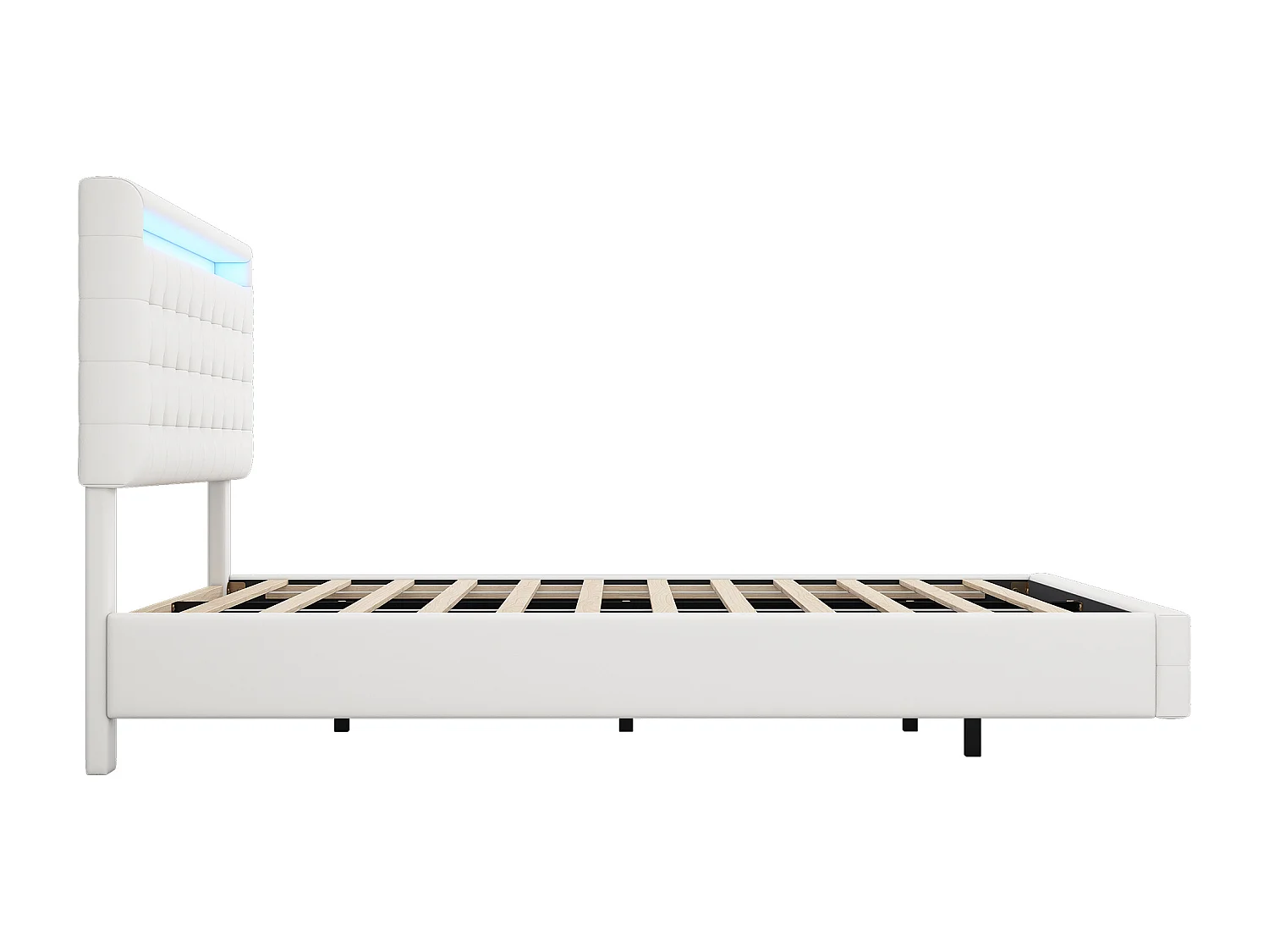 Cama de casal 140x200cm, cama de adulto LED com estrado de ripas e cabeceira regulável em altura, material PU+MDF, branco