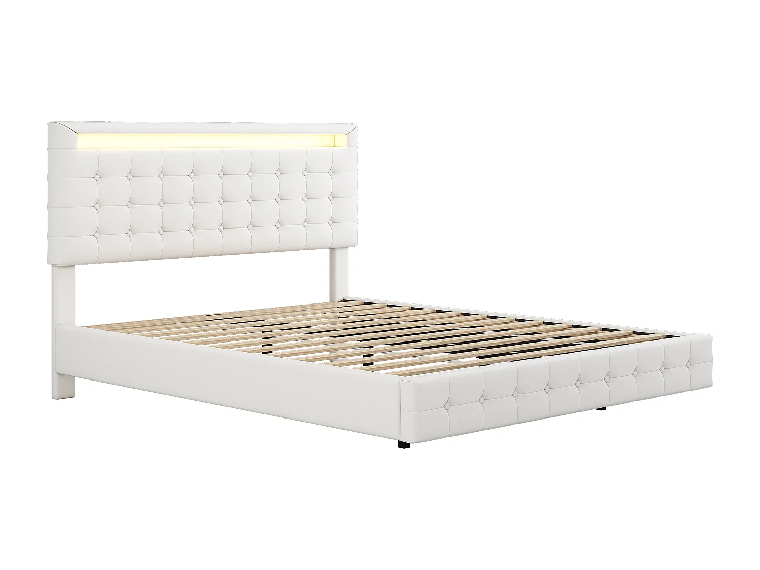 Cama de casal 140x200cm, cama de adulto LED com estrado de ripas e cabeceira regulável em altura, material PU+MDF, branco