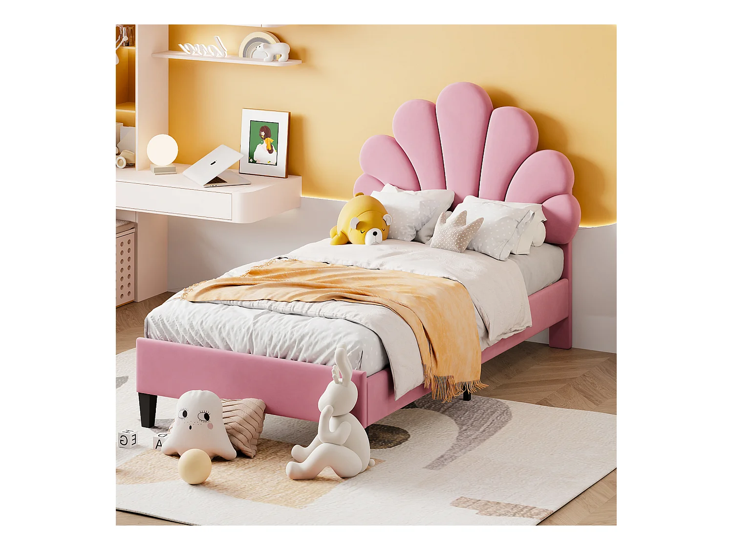 Eenpersoonsbed gestoffeerd 90x200cm - Hoofdbord met bloemen, MDF lattenbodem, fluwelen stof Scandinavische stijl - Roze